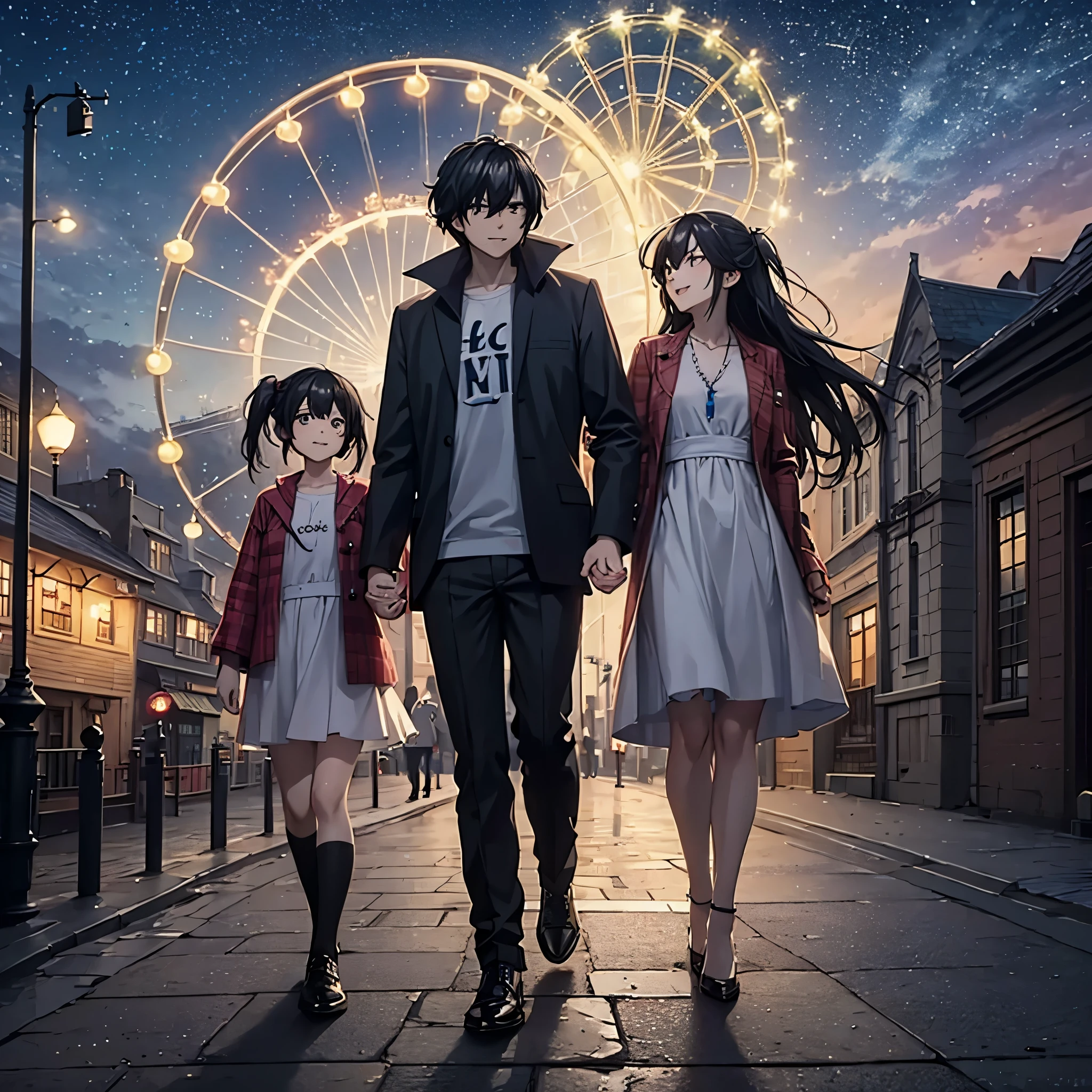 a man together with his wife and daughter (daughter like wife), holding hands, casual clothes, walking on an amusement park ride at night, with the place lit up, bokeh effect, smiling, full body of the 3, ( just three characters),cast shadow, atmospheric perspective, flourish, 8k, super detail, accurate, best quality, UHD, anatomically correct, textured skin, high quality, high resolution, best quality
