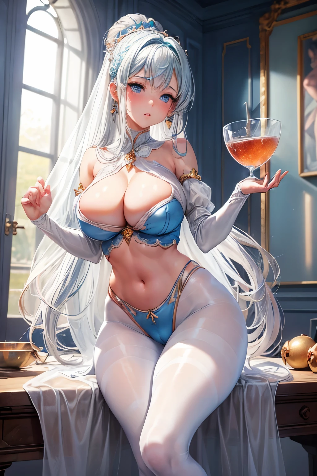 A statue of a (female ballerina) being held by (crystals) in a (large glass cup:1.1), ballerina, (ballet slippers), tutu, (blue eyes:1.1), (bare shoulders:1.1), (heavy breasts), (bubble butt), (wide hips:1.1), (slim waist:1.1), (thick thighs:1.1), (detailed face and eyes:1.2), (pantyhose:1.2), (white pantyhose9, hair ornament, (flat stomach), (intense colors), (detailed hand and finger:1.2), (medium breasts:1.2), (busty), (deep cleavage:1.2), (labia outline:1.3), (hard teat:1.3).