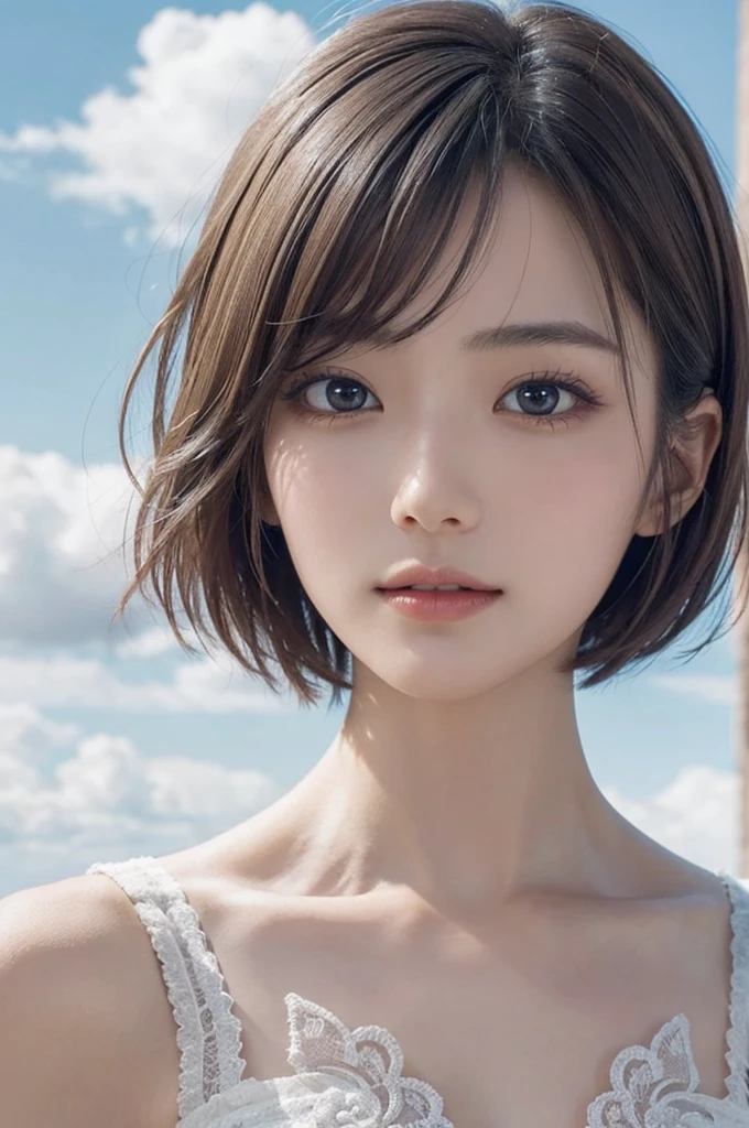 Starry sky, Milky Way, Highest quality, shape, Very detailed, In detail, High resolution, 8k wallpaper, Perfect dynamic composition, Beautiful details,  Natural Lip, Cute one piece dress, Big Breasts, Cleavage, she、Looking up at the sky and making a wish on a star Praying with random expressions and random cute poses..., A masterpiece of the whole body, Side Short