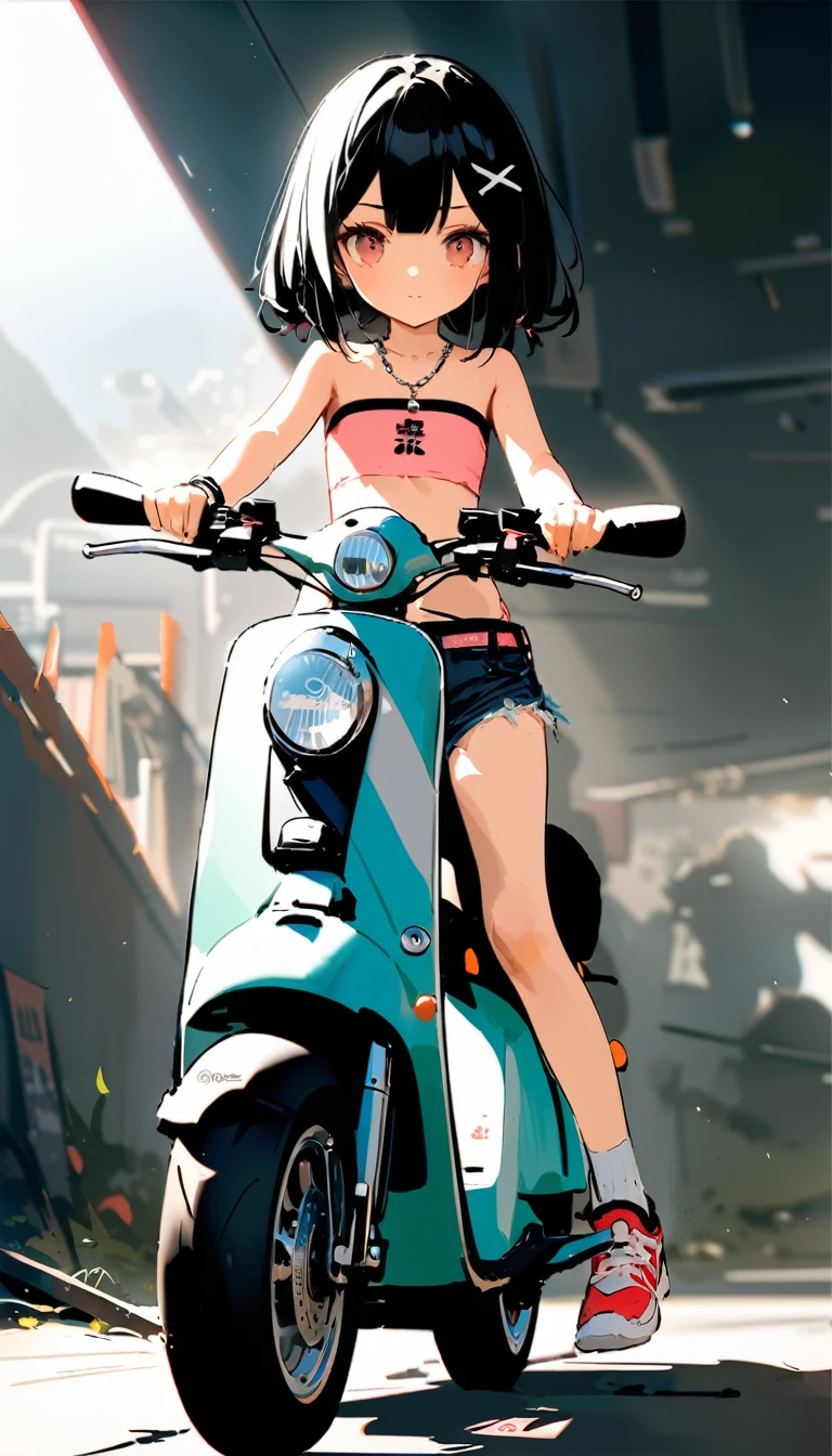 [artist:ningen_mame],[artist:sho_(sho_lwlw)],[artist:mignon],[artist:kedama milk],[artist:ask_(askzy)],artist:wanke,artist:wlop,artist:fujiyama,year 2024,8k,(masterpiece, best quality, perfect lighting, direct lighting:1.2),whole body,1girl,(Miyu Edelfelt),black hair,brown eyes,small chest,scooter helmet,belt,x hair ornament,chain necklace,collarbone,fingernails,fishnets,sneakers,sockes,(riding electric scooter:1.4),hoop earrings,looking at viewer,midriff,thong,(pink bandeau),strapless,frayed denim shorts,stud earrings,