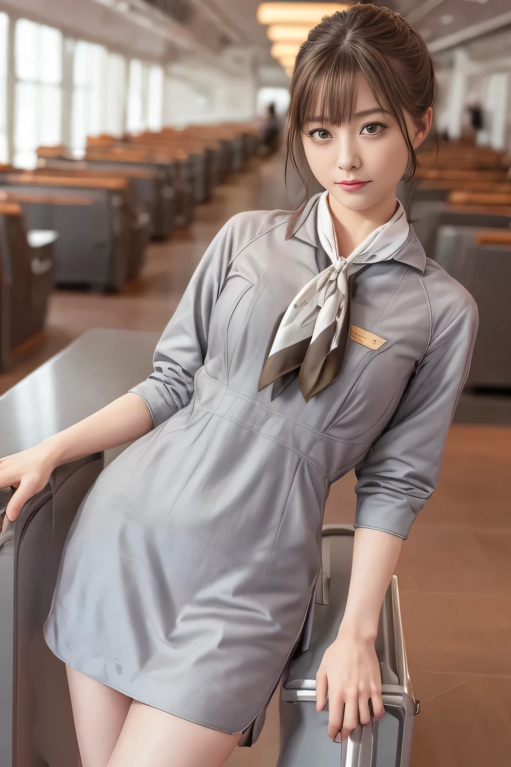 (masterpiece:1.2、highest quality:1.2)、32K HDR、High resolution、(alone、1 girl、Slim figure)、（Realistic style with Starlux Airlines uniform）、 (In the airport lounge, Professional Lighting)、A proper woman, Beautiful Face,、（Starlux Airlines silver uniform:1.4）、（Starlux Airlines silver uniform with short sleeves）、（scarf on chest）、Big Breasts、（Long hair updo、Chignon）、Dark brown hair、Long Shot、（（Fine hand：2.0））、（（Harmonious body proportions：1.5））、（（Normal limbs：2.0））、（（Normal finger：2.0））、（（Delicate eyes：2.0））、（（Normal eyes：2.0））)、Beautiful standing posture