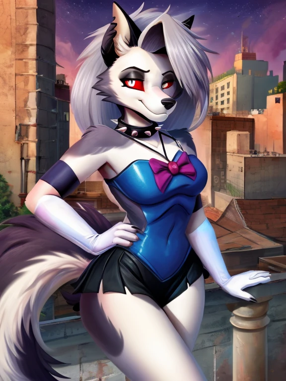 1girl, ((loona hellhound:1.2)) (furry:1.2), (fluffy:1.1), (anthro:1.2), (snout:1.2), smile, spiked collar, long hair, (loonasailorsenshiunifrom:1.1), (slit pupils:1.1, white eyes:1.1, red sclera), rooftop, plants, urban, masterpiece, best quality, highres, sv1, sailor senshi uniform, elbow gloves, tiara, black bow, black sailor collar, white gloves, jewelry, white leotard, black sailor skirt, sailor_moon pose