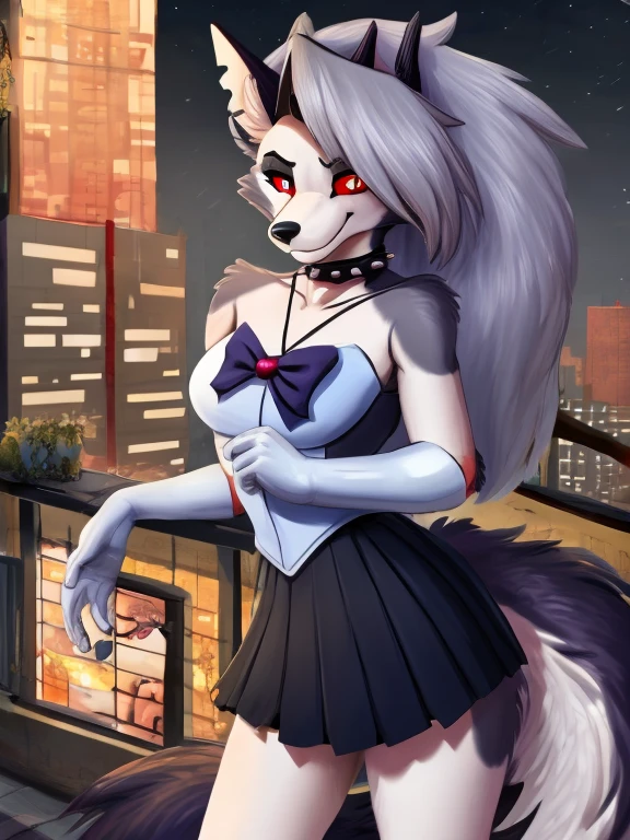 1girl, ((loona hellhound:1.2)) (furry:1.2), (fluffy:1.1), (anthro:1.2), (snout:1.2), smile, spiked collar, long hair, (loonasailorsenshiunifrom:1.1), (slit pupils:1.1, white eyes:1.1, red sclera), rooftop, plants, urban, masterpiece, best quality, highres, sv1, sailor senshi uniform, elbow gloves, tiara, black bow, black sailor collar, white gloves, jewelry, white leotard, black sailor skirt, sailor_moon pose