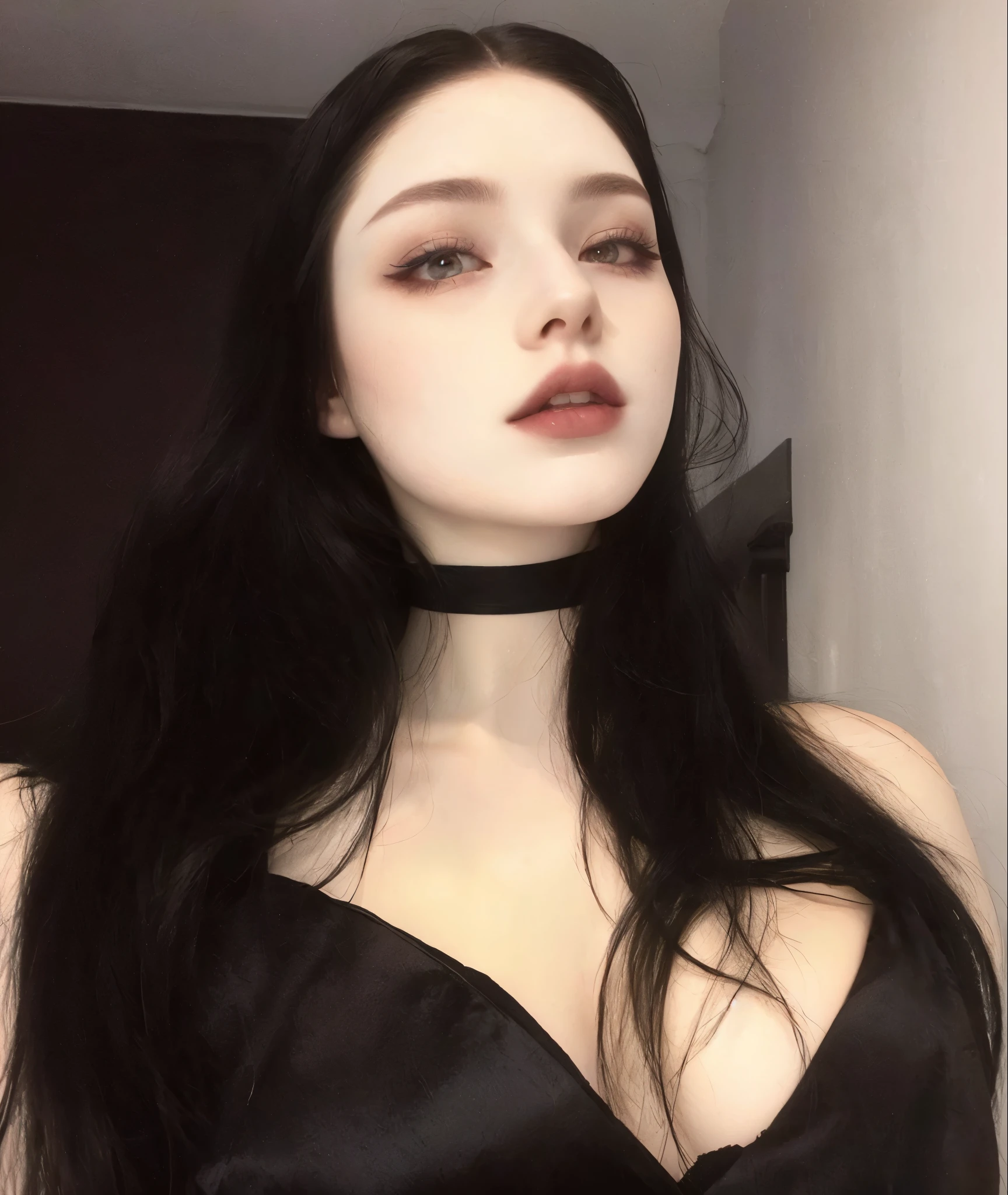 um close de uma mulher com longos cabelos pretos usando um estrangulamento, pale gothic beauty, cruel korean goth girl, goth girl aesthetic, 1 7 year old goth girl, fair and pale skin!!, pale skin and dark eyes, ivory pale skin, pale porcelain white skin, pale white skin, gothic aesthetic, very pale white skin, extremely pale white skin