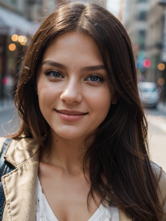 picture, Best quality, woman in the city , photo of beautiful ЧТО?Everyday, smiling, I look at the viewer, perfect face, Perfect eyes, sharp focus, difficult, High detail, dramatic, photorealistic,