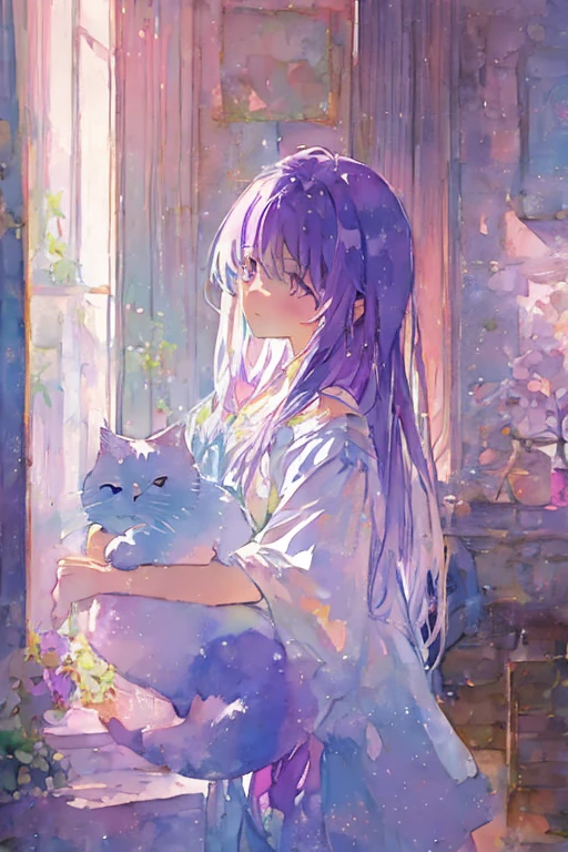 Watercolor、pale colour、Cat、One Woman、Light purple hair、long hair、