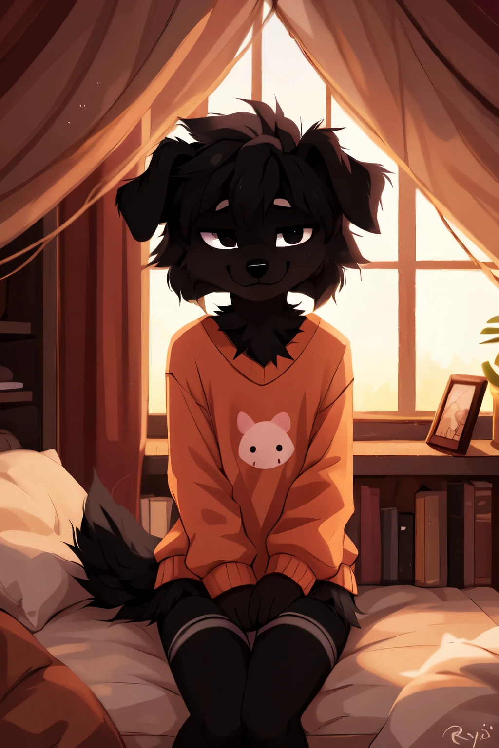  ((by reysi)),  Best quality, super detailed illustration, warm colors, Ideal lighting, (Fluffy boy dog:1.6), (Black fur:1.5) ,feminine face and body, disheveled thick gray hair, short shorts, long black stockings, Long-sleeved sweater, in a cosy room, smug smile, tricky glance , Femboy, slim, perfect body,