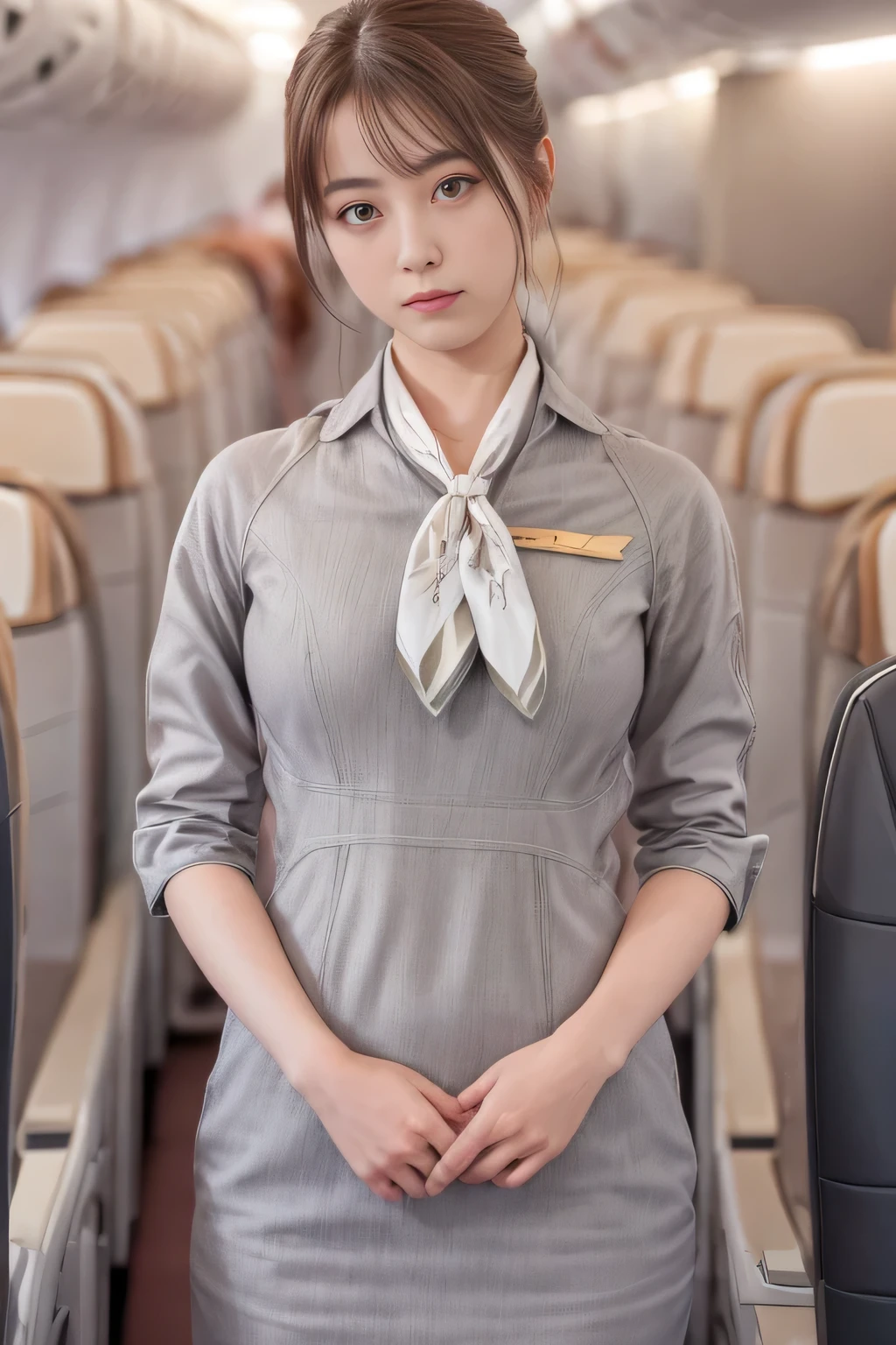 (masterpiece:1.2、highest quality:1.2)、32K HDR、High resolution、(alone、1 girl、Slim figure)、（Realistic style with Starlux Airlines uniform）、 (On board a passenger aircraft, Professional Lighting)、A proper woman, Beautiful Face,、（Starlux Airlines silver uniform:1.4）、（Starlux Airlines silver uniform with short sleeves）、（scarf on chest）、Big Breasts、（Long hair updo、Chignon）、Dark brown hair、Long Shot、（（Fine hand：2.0））、（（Harmonious body proportions：1.5））、（（Normal limbs：2.0））、（（Normal finger：2.0））、（（Delicate eyes：2.0））、（（Normal eyes：2.0））)、Beautiful standing posture