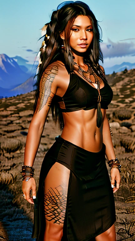 A high resolution ultra detailed realistic photo with a Native American woman, Native American woman with long legs and curvy figure, hairstyle wild braids, clothing is a mix of cyberpunk and  Native American style, Native American woman with full body pose dancing and looking towards the Camera, the clothes swing in the air, the background of the picture is at night in the steppe with mountains in the background, Clothing Maxi dress with long slits on the side, Clothing maxi skirt with long slits on the side, Clothing long maxi dress, large Native American tattoos