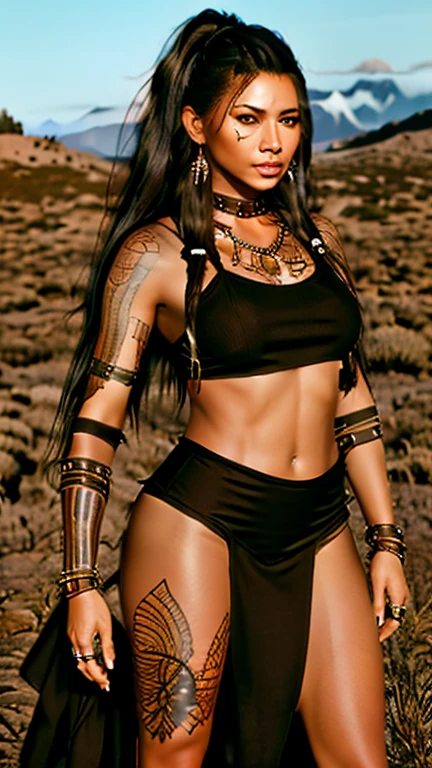 A high resolution ultra detailed realistic photo with a Native American woman, Native American woman with long legs and curvy figure, hairstyle wild braids, clothing is a mix of cyberpunk and  Native American style, Native American woman with full body pose dancing and looking towards the Camera, the clothes swing in the air, the background of the picture is at night in the steppe with mountains in the background, Clothing Maxi dress with long slits on the side, Clothing maxi skirt with long slits on the side, Clothing long maxi dress, large Native American tattoos