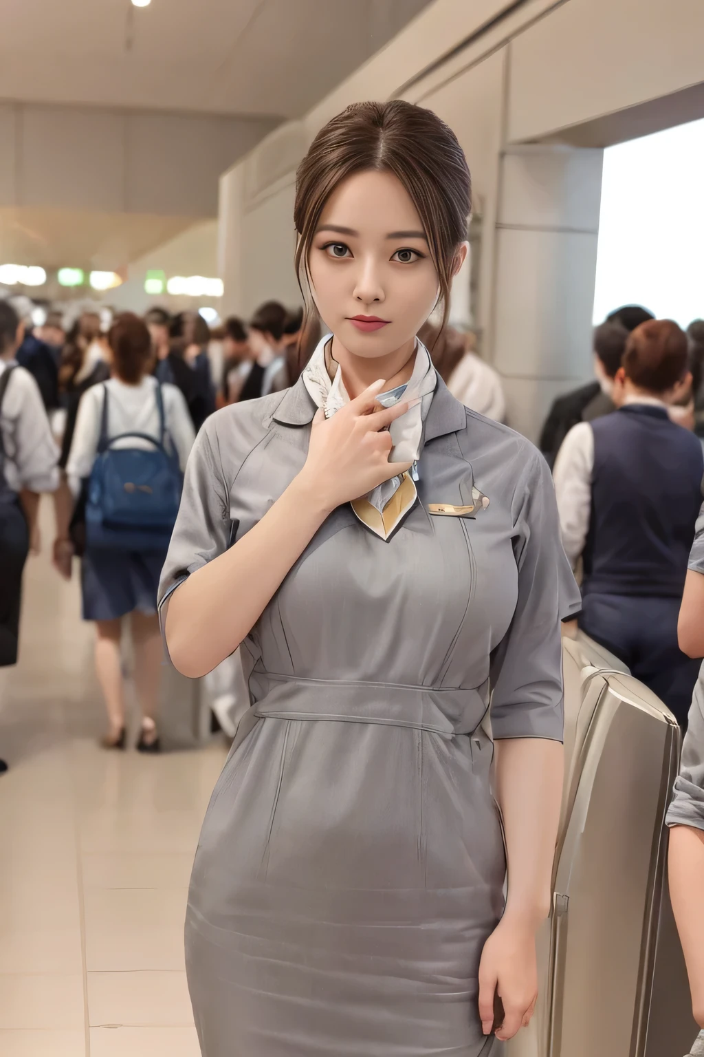 (Starlux Airlines silver short sleeve uniform)、(scarf on chest)、Big Breasts、Keep your hands and arms in the same position
