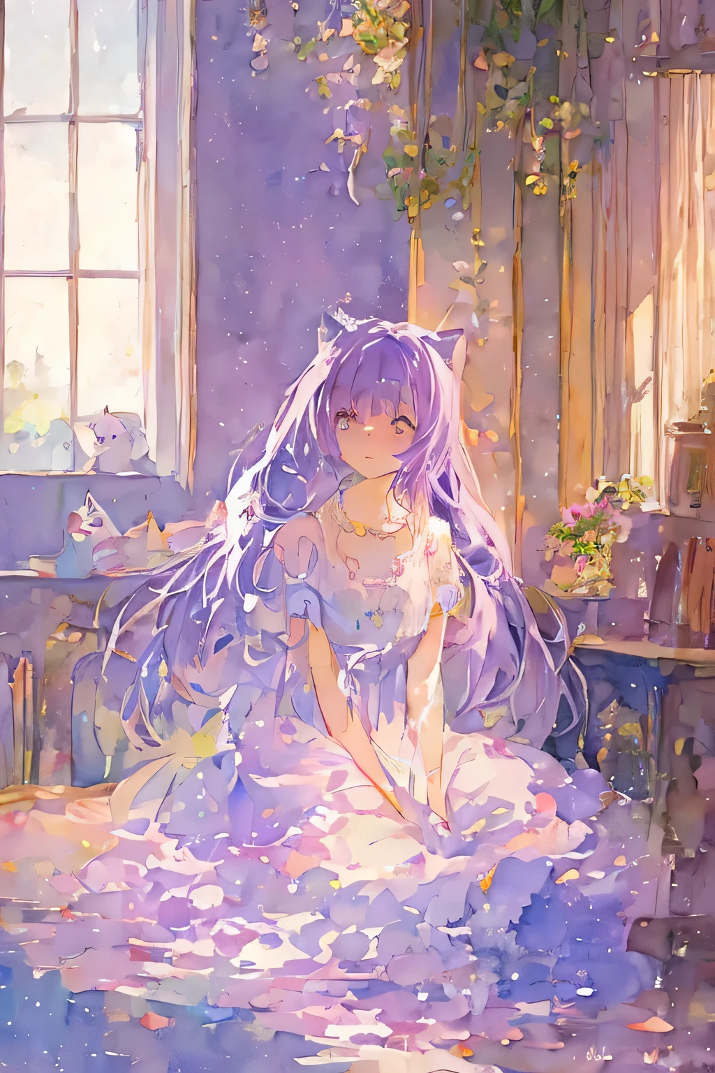 Watercolor、pale colour、Cat、One Woman、Light purple hair、long hair、