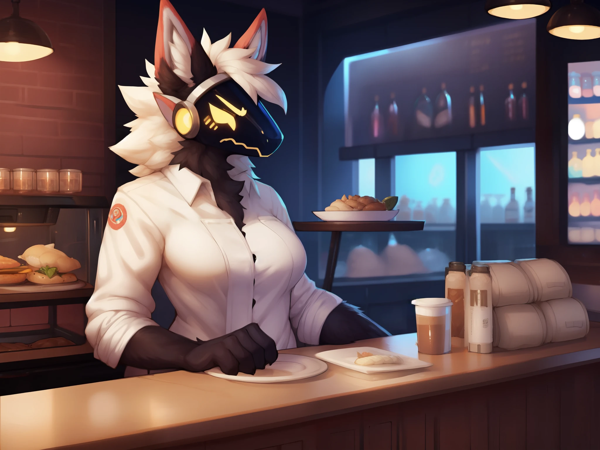 (highly detailed), ((Best Quality)), uploaded to e621, uploaded to furaffinity, by goonie-san, by bigcozyorca, by bebebebebe, by buta99, by Ross Tran, by ruan jia, by foxovh, by Coffeesoda, by Hioshiru, by fluff-kevlar, by superix, by asaneman, by bebebebebe, by kalnareff, by james howard, by kingcreep105, by rifykoh, by desbjust, by agurana, female, solo, protogen, protogen face, protogen visor, sfw art, (multicolor fur, black fur, white underbelly, red fur markings:1.2), (prominent hourglass figure), extremely fluffy body, (restaurant background, behind counter, detailed background:1.6), clothed, ((restaurant uniform:1.5), (annoyed expression:1.6), (leaning on counter:1.5),