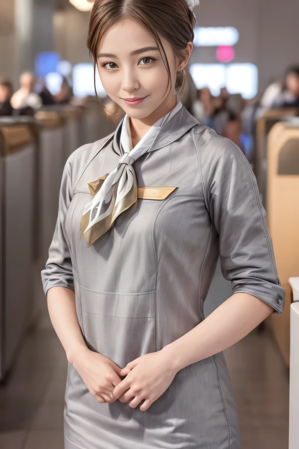(masterpiece:1.2、highest quality:1.2)、32K HDR、High resolution、(alone、1 girl、Slim figure)、(Realistic style with Starlux Airlines uniform)、 (In the airport lounge, Professional Lighting)、A proper woman, Beautiful Face,、(Starlux Airlines silver uniform:1.4)、(Starlux Airlines silver uniform with short sleeves)、(scarf on chest)、Big Breasts、(Long hair updo、Chignon)、Dark brown hair、Long Shot、((Fine hand:2.0))、((Harmonious body proportions:1.5))、((Normal limbs:2.0))、((Normal finger:2.0))、((Delicate eyes:2.0))、((Normal eyes:2.0)))、Beautiful standing posture、smile