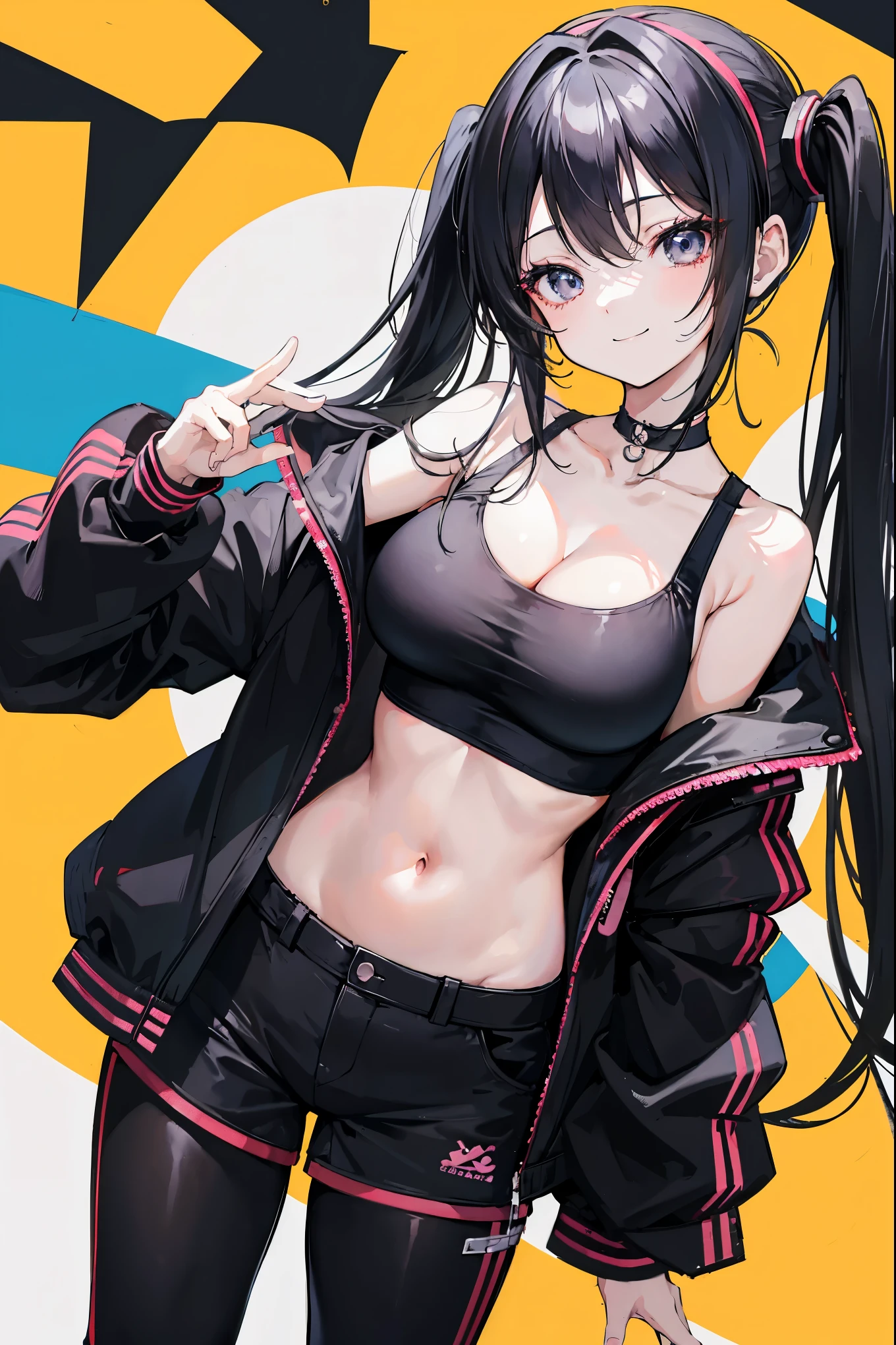 masterpiece,anime style,chibi,sexy girl,black hair,shoulder length hair with two pigtails,black jacket,with headphones,lo fi background,smiling,big breasts,listening to music,waiting on the right side of the image,showing cleavage,full body,standing,black t-shirt,