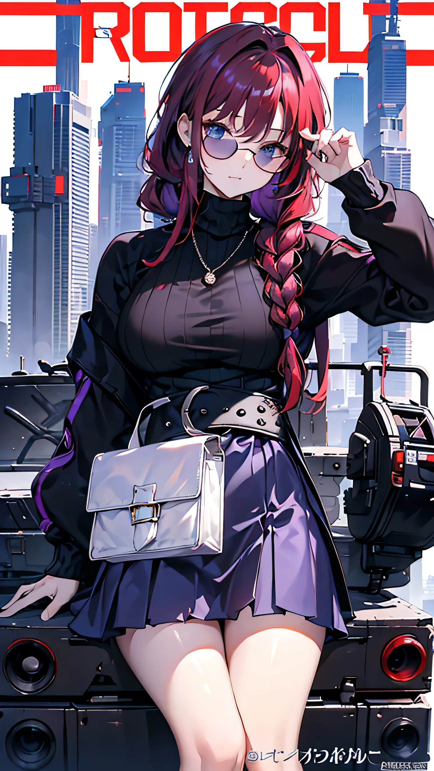 ​masterpiece、high-quality、top-quality、Beautiful face、expressive eyes、hard disk、Perfect lighting、A detailed face、Detailed body、mature female、mature lady、solo、(A red-haired)、braided ponytail、swept bangs、 blue eyes、((cyberpunk style))、((black-purple skirt))、((Black Turtleneck sweater))、((black-purple jacket))、((Sunglasses))、(holding sword)、sexy pose、Sexy face、professional model、big breasts、confident face、cool pose、white plain background、magazine frame、Japanese texts on the front layer、