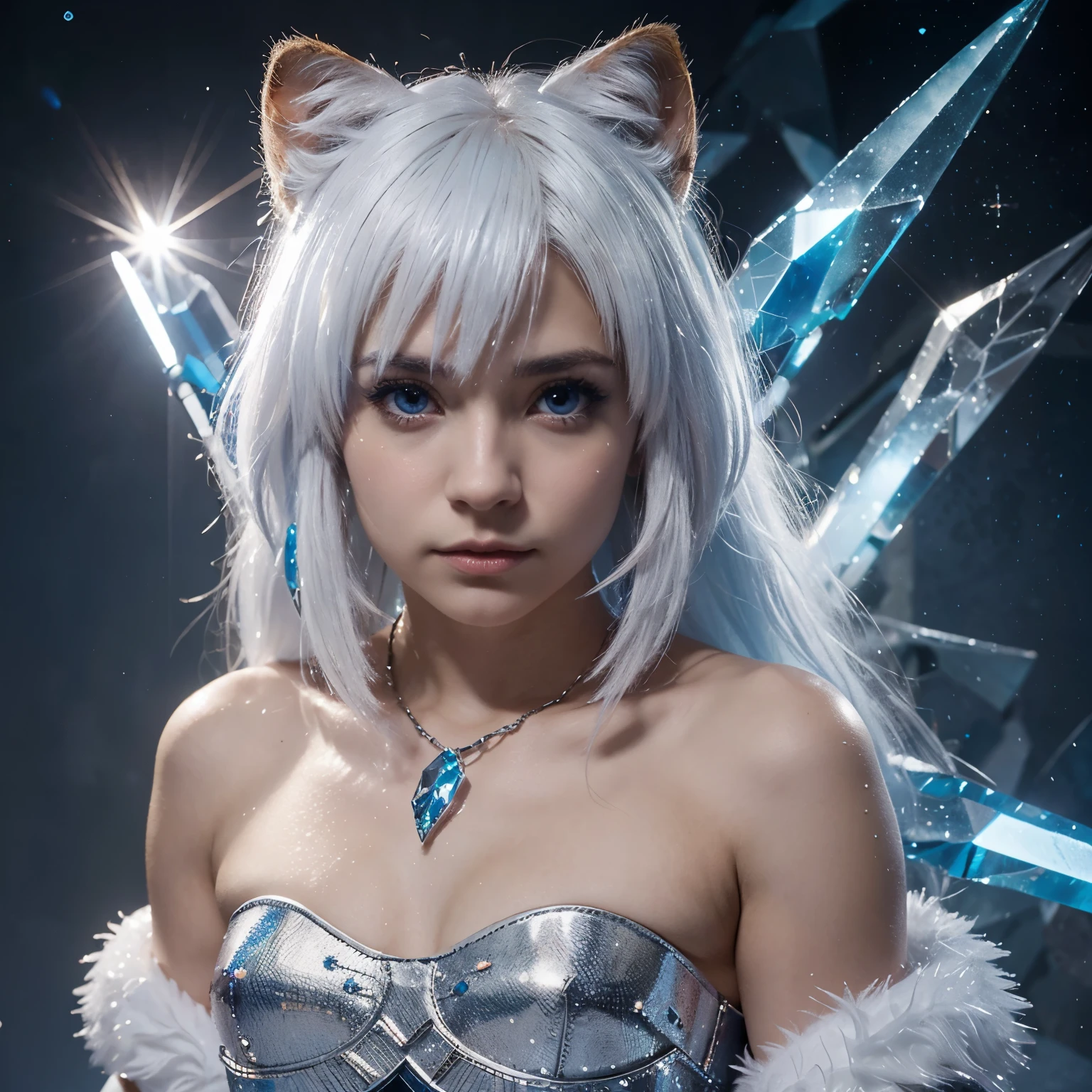Crea un personaje de una raza con piel resplandeciente, crystalline eyes with an affinity for ice magic and a small ice saber tooth