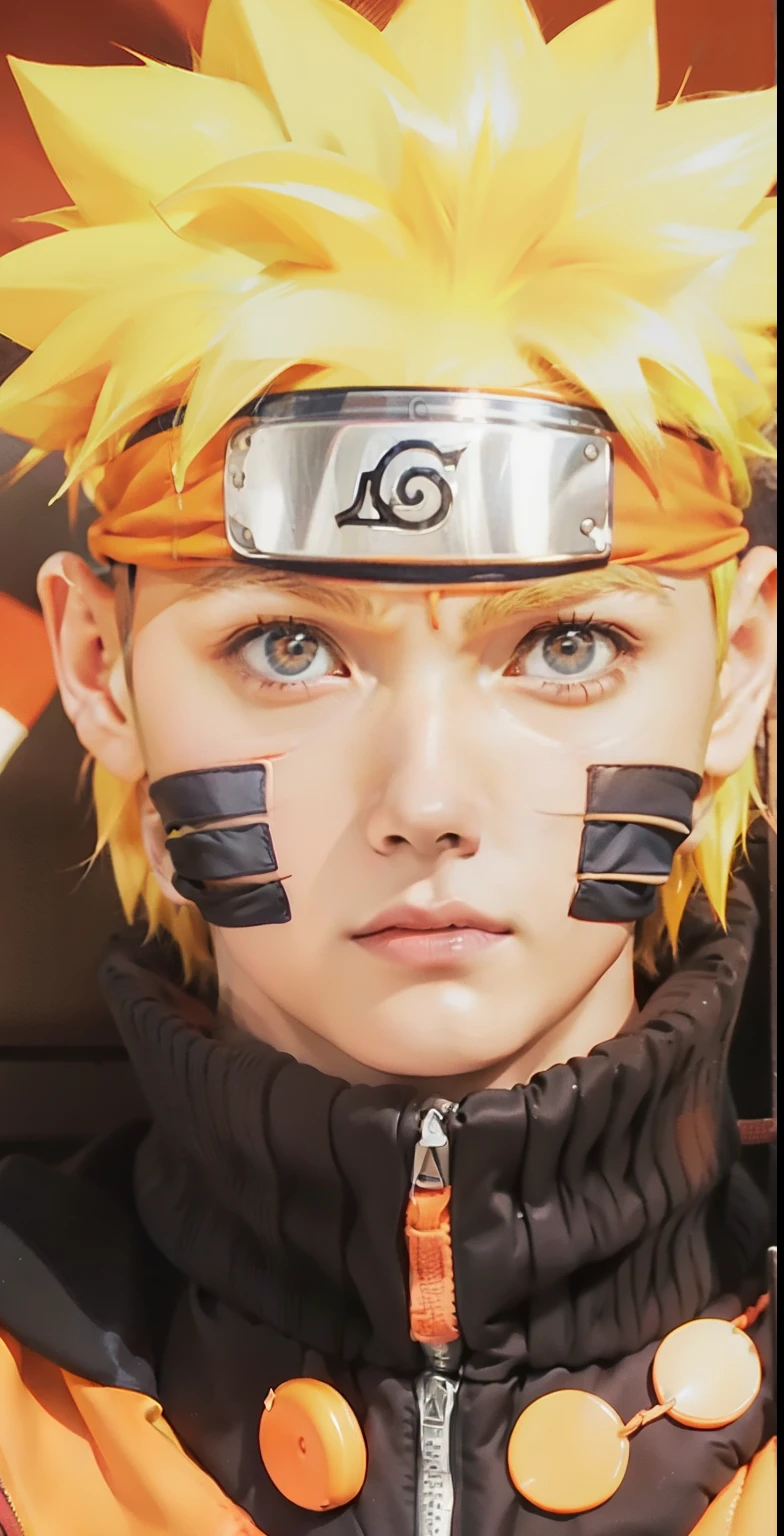 naruto uzumaki, Leaf headband, Orange turtleneck jacket , Orange Eyes, The whole face is bright, Angry face, 3 strips on the side, Portrait Photography, Real Humans、Realistic Hair、