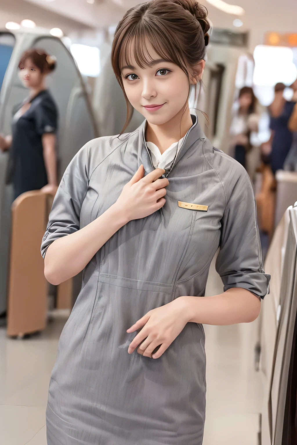 (masterpiece:1.2、highest quality:1.2)、32K HDR、High resolution、(alone、1 girl、Slim figure)、（Realistic style with Starlux Airlines uniform）、 (In the airport lounge, Professional Lighting)、A proper woman, Beautiful Face,、（Starlux Airlines silver uniform:1.4）、（Starlux Airlines silver uniform with short sleeves）、（scarf on chest）、Big Breasts、（Long hair updo、Chignon）、Dark brown hair、Long Shot、（（Fine hand：2.0））、（（Harmonious body proportions：1.5））、（（Normal limbs：2.0））、（（Normal finger：2.0））、（（Delicate eyes：2.0））、（（Normal eyes：2.0））)、Beautiful standing posture、smile