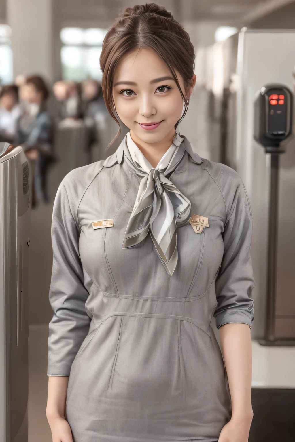 (masterpiece:1.2、highest quality:1.2)、32K HDR、High resolution、(alone、1 girl、Slim figure)、（Realistic style with Starlux Airlines uniform）、 (In the airport lounge, Professional Lighting)、A proper woman, Beautiful Face,、（Starlux Airlines silver uniform:1.4）、（Starlux Airlines silver uniform with short sleeves）、（scarf on chest）、Big Breasts、（Long hair updo、Chignon）、Dark brown hair、Long Shot、（（Fine hand：2.0））、（（Harmonious body proportions：1.5））、（（Normal limbs：2.0））、（（Normal finger：2.0））、（（Delicate eyes：2.0））、（（Normal eyes：2.0））)、Beautiful standing posture、smile