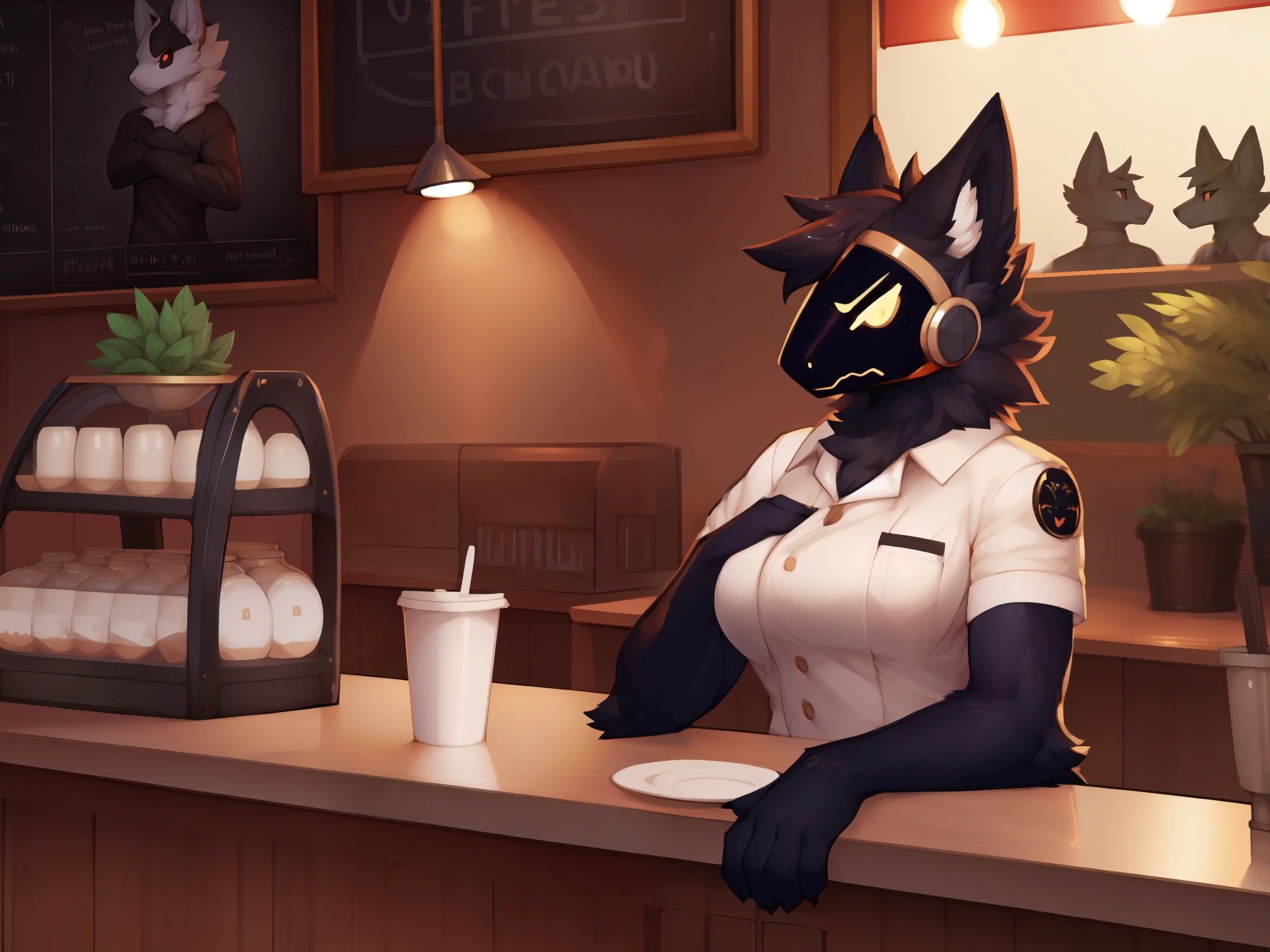 (highly detailed), ((Best Quality)), uploaded to e621, uploaded to furaffinity, by goonie-san, by bigcozyorca, by bebebebebe, by buta99, by Ross Tran, by ruan jia, by foxovh, by Coffeesoda, by Hioshiru, by fluff-kevlar, by superix, by asaneman, by bebebebebe, by kalnareff, by james howard, by kingcreep105, by rifykoh, by desbjust, by agurana, female, solo, protogen, protogen face, protogen visor, sfw art, (multicolor fur, black fur, white underbelly, red fur markings:1.2), (prominent hourglass figure), extremely fluffy body, (restaurant background, behind counter, detailed background:1.6), clothed, ((restaurant uniform:1.5), (annoyed expression:1.6), (leaning on counter, arms crossed, head on counter:1.5),