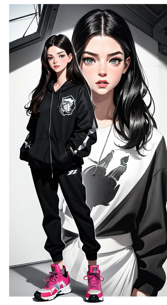 A beautiful young woman, combination of Mackenzie Foy:0.9, Ashley Greene:0.7, Rachael Taylor:1.2 full body portrait, line art, high-quality ink drawing, ultra-detailed, realistic shading, vibrant colors, elegant posture, hanging out, vivid colors, flat image, Looking at the viewer in hip-hop style streetwear, long hair
