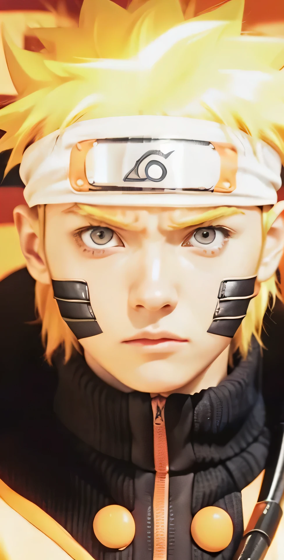 naruto uzumaki, Leaf headband, Orange turtleneck jacket , Orange Eyes, The whole face is bright, Angry face, 3 strips on the side, Portrait Photography, Real Humans、Realistic Hair、