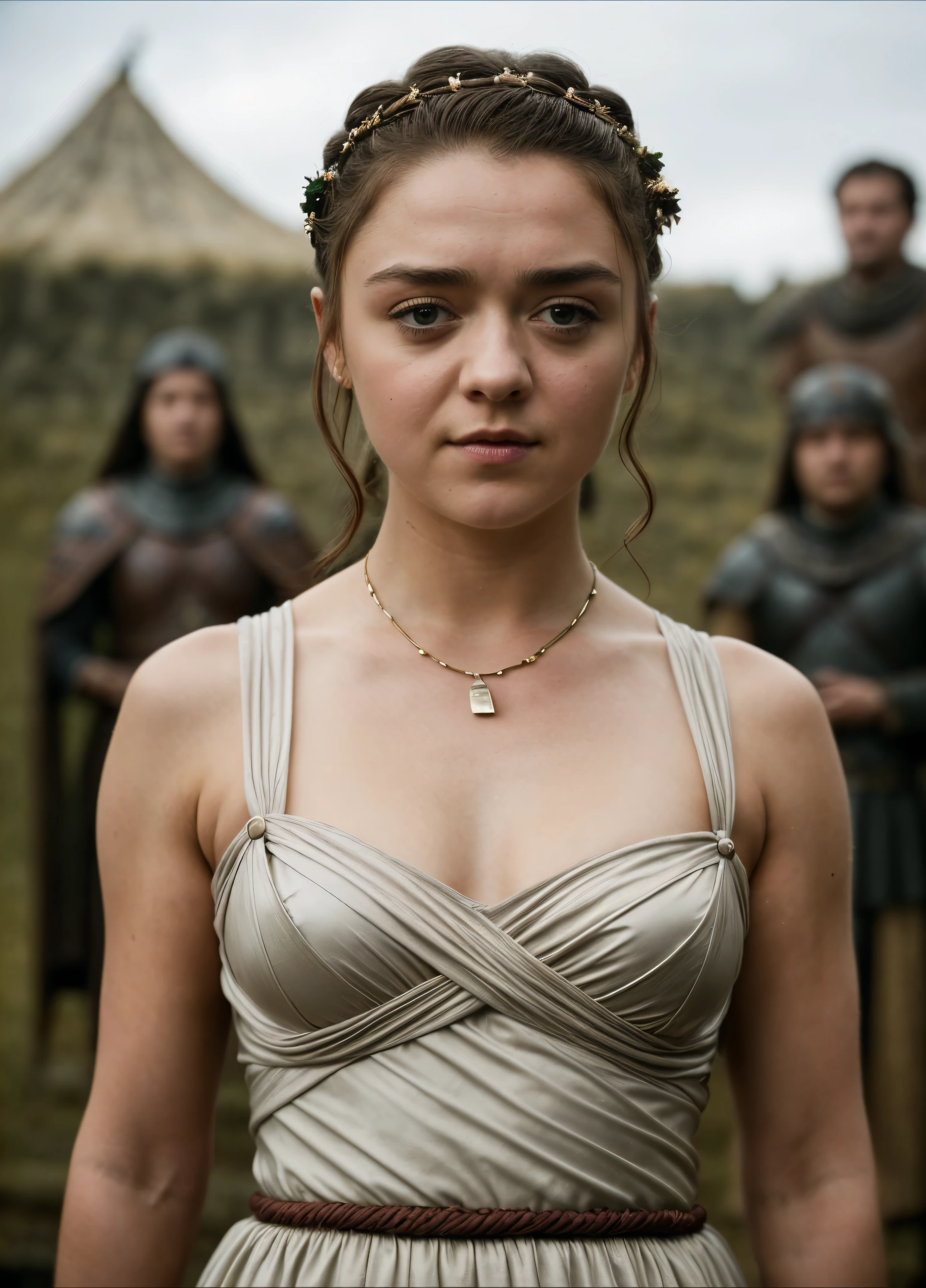 Foto RAW, Arya Stark, Extremely gorgeous lady, Arya Stark PLAYED BY MAISIE WILLIAMS, Queen Arya Stark, she a mature woman now, milf, sexy mediaeval battle dress, gladiator woman, body, 40 years old Woman, Roman slave dress, cotton dress, busty mediaeval costumes, body revealing costumes, perky breast, big natural breast, erotic costumes, lusty physique, seductive figure can capture every people's attention, Game of thrones costumes, revealing captivating figure, Mediaeval costumes, revealing clothes, A tomboy, she would rather fence than dance, warrior queen , game of thrones screen caps, Game of Thrones Series, (pele altamente detalhada: 1.2), 8k UHD, DSLR, soft-lighting, alta qualidade, grain of film, Fujifilm XT3, flawless picture, highly detailed, detailed Beauty, intricate, 32k, sharp picture,