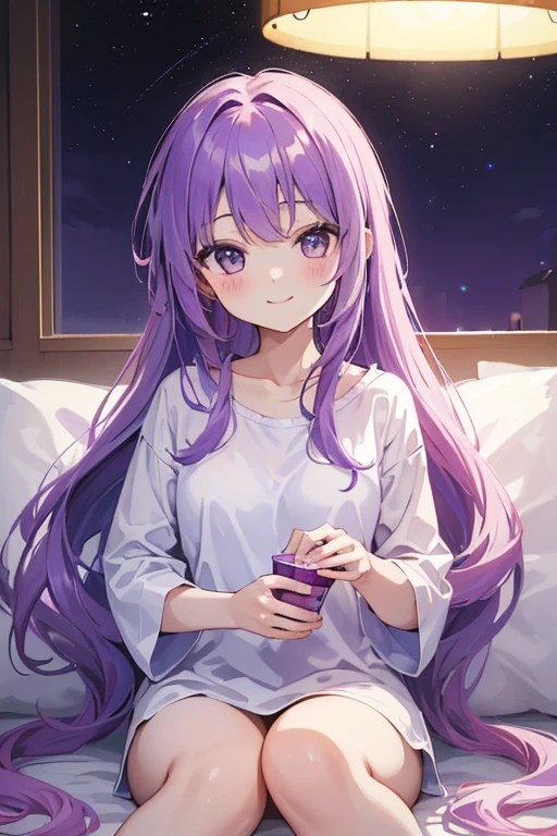 (T masterpiece，4k wallpaper，highest quality))、((girl１people々々))、(一people々in)、Bright and brilliant，(Light purple hair)、(Long Hair:1.3)、smile、Bedroom、pajamas、night