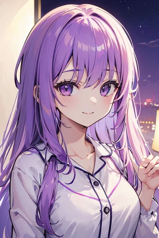 (T masterpiece，4k wallpaper，highest quality))、((girl１people々々))、(一people々in)、Bright and brilliant，(Light purple hair)、(Long Hair:1.3)、smile、Bedroom、pajamas、night