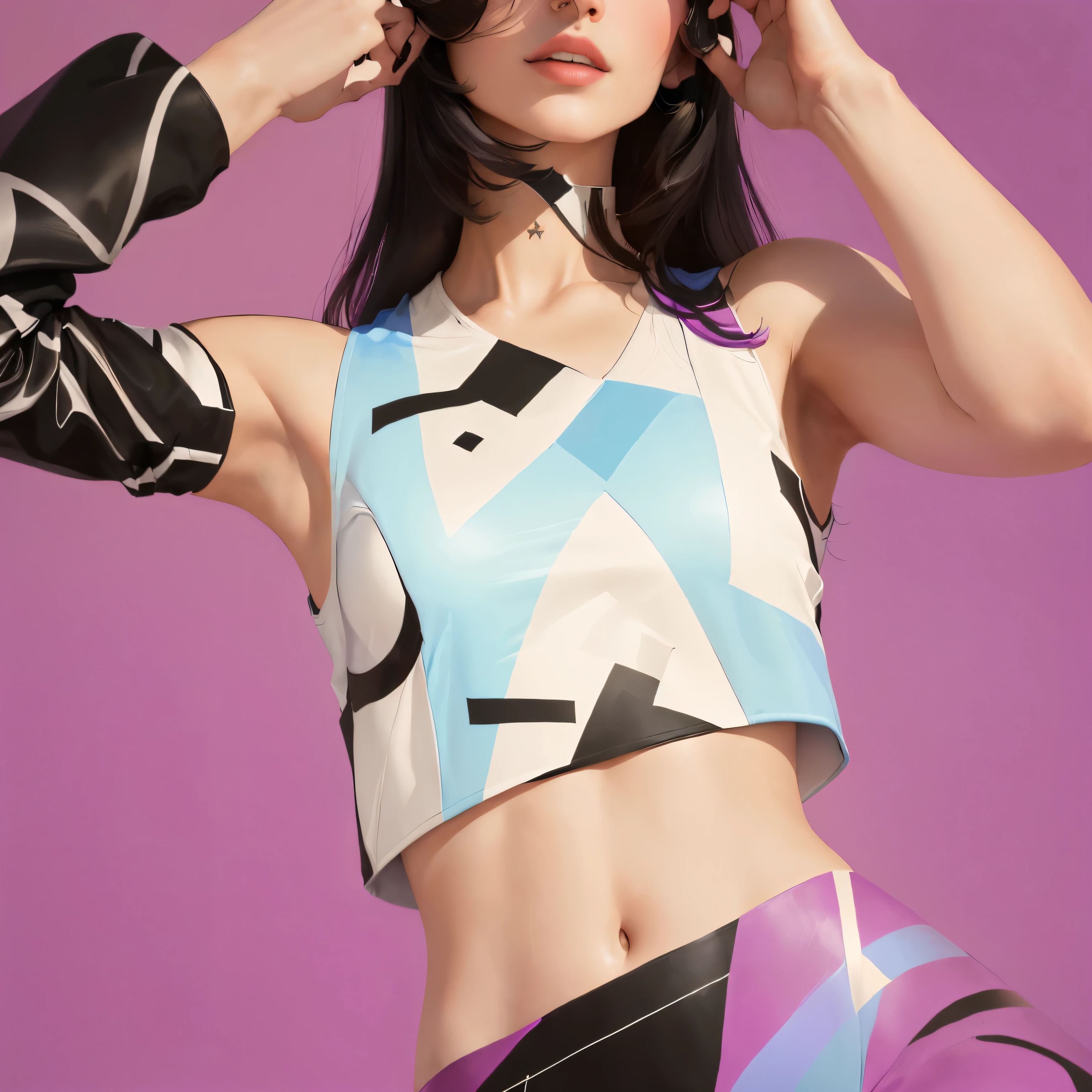Araffa woman in colorful top and black gloves poses for a photo, crop top, crop top, носить сексуальный crop top, wearing a crop top, wearing crop top, inspired by Liubov Popova, hand painted textures on model, носить crop top, inspired by Herbert Bayer, носить crop tops