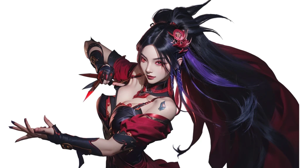 a girl with long hair and a red dress holding a knife, irelia, katarina, arcane jinx, akali, league of legends character, onmyoji portrait, portrait of jinx from arcane, style artgerm, inspired by Ju Lian, style league of legends, leblanc, artgerm style, ahri, cute girl