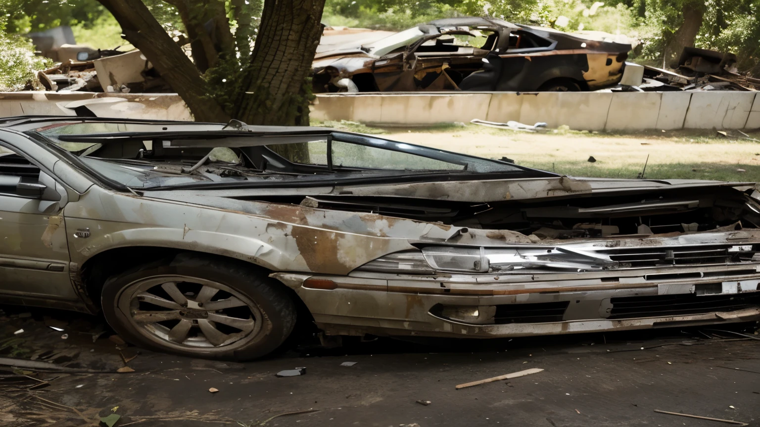 Make a wall paper with a wrecked car and a guy who evaluates the damage for another guy who wants to buy it