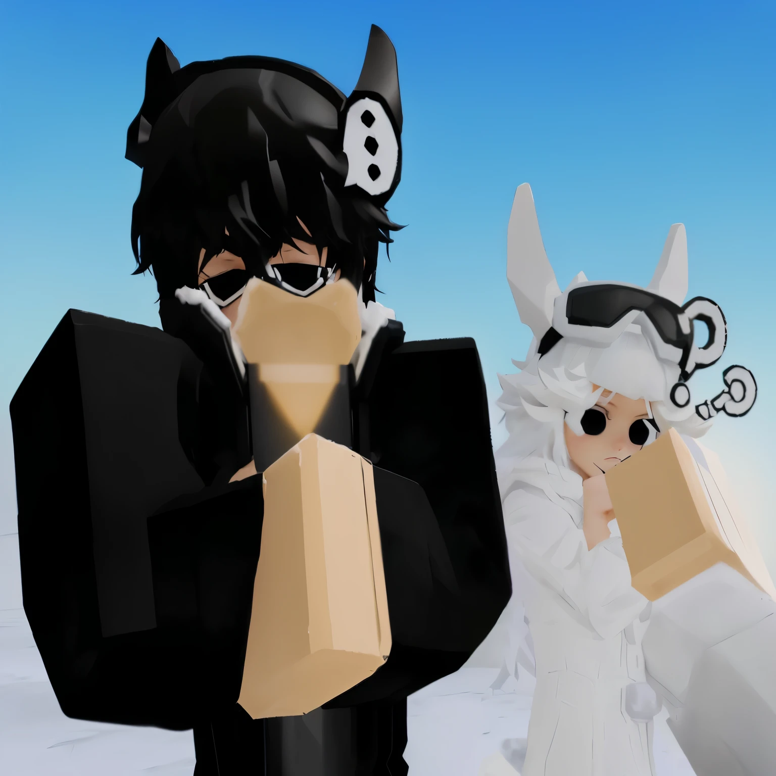 anime characters dressed in costumes and holding a gun, roblox avatar, vrchat, roblox screenshot, black-white skintight robes!, roblox, cute horns, profile picture 1024px, whiteout eyes, holding a pudica pose, cold as ice! 🧊, black horns, with black horns instead of ears, wearing cybernetic bunny ears