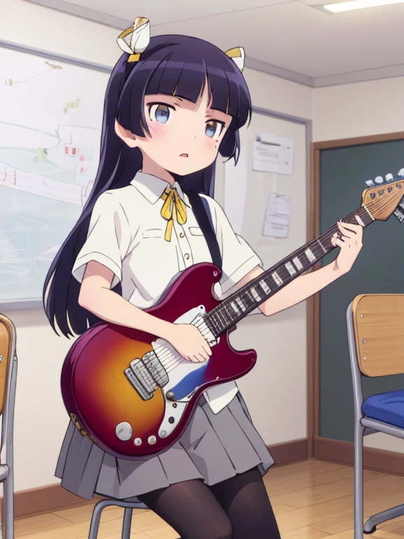 highest quality, Very detailed, figure,
School, music room, Brass band、Chair、musical instrument, Electric guitar,
(gokou ruri), One girl, alone, Black socks, Short sleeve,  Grey Skirt, Medium skirt, Box Pleat Skirt, Hime cut, tuck in, Collared shirt, ribbon, yellow ribbon, blue eyes
 