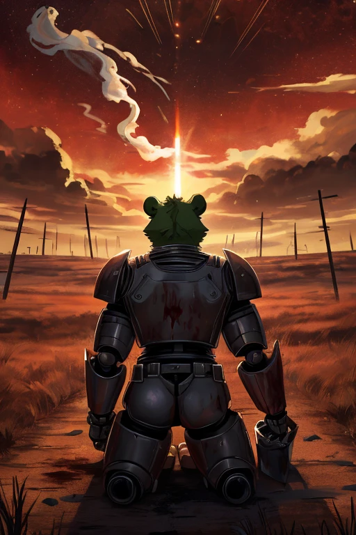 -fnaf style- an animatronic in the shape of a bear, green fur, black eyes, white pupils, worn design, technological armor, angry expression, with backs, red sky, smoke and fire on the prairie, blood on the floor, kneeling , badly wounded, defeat, holding a sword