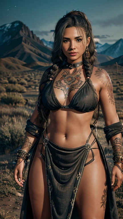 A high resolution ultra detailed realistic photo with a Native American woman, Native American woman with long legs and curvy figure, hairstyle wild braids, clothing is a mix of cyberpunk and  Native American style, Native American woman with full body pose dancing and looking towards the Camera, the clothes swing in the air, the background of the picture is at night in the steppe with mountains in the background, Clothing Maxi dress with long slits on the side, Clothing maxi skirt with long slits on the side, Clothing long maxi dress, large Native American tattoos