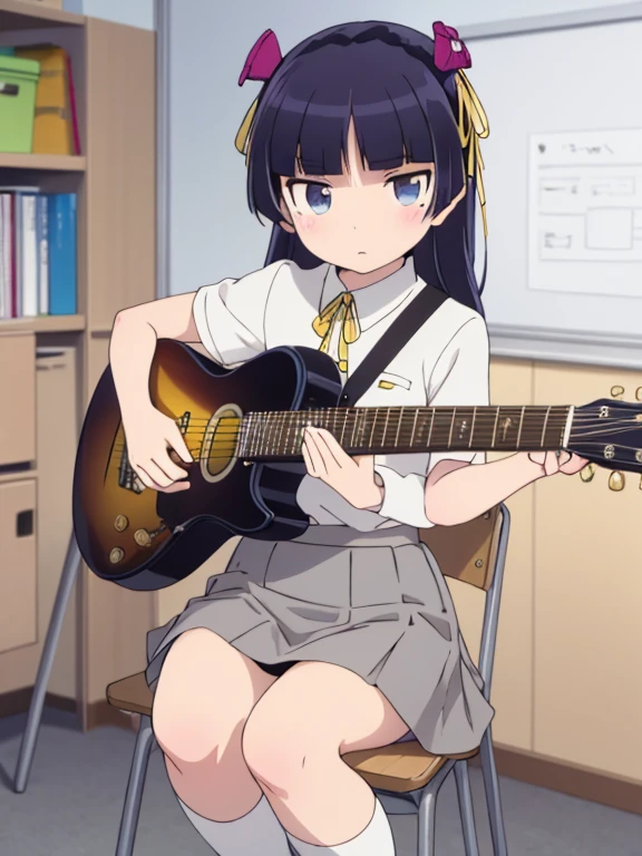 highest quality, Very detailed, figure,
School, music room, Brass band、Chair、musical instrument, Electric guitar,
(gokou ruri), One girl, alone, Black socks, Short sleeve, Grey Skirt, Medium skirt, Box Pleat Skirt, Hime cut, tuck in, Collared shirt, ribbon, yellow ribbon, blue eyes