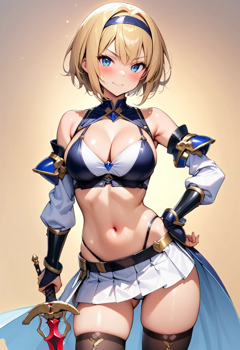 (masutepiece, Best Quality), 1girl, solo, weapon, breasts, blonde-hair, navel, sword, hand-on-hip, thighhighs, full-body, blue-eyes, short-hair, skirt, holding-weapon, smile, black-thighhighs, cleavage, holding, looking-at-viewer, large-breasts, holding-sword, hairband, white-footwear, boots, midriff, bare-shoulders, standing, ass-visible-through-thighs, blue, skirt, detached-sleeves, pleated-skirt, knee-boots, hair-ornament, detached-collar, blush, miniskirt, bangs, shiny-skin, highleg, gem, swimsuit, simple-background, shiny, bikini, closed-mouth, armor, crop-top, stomach
