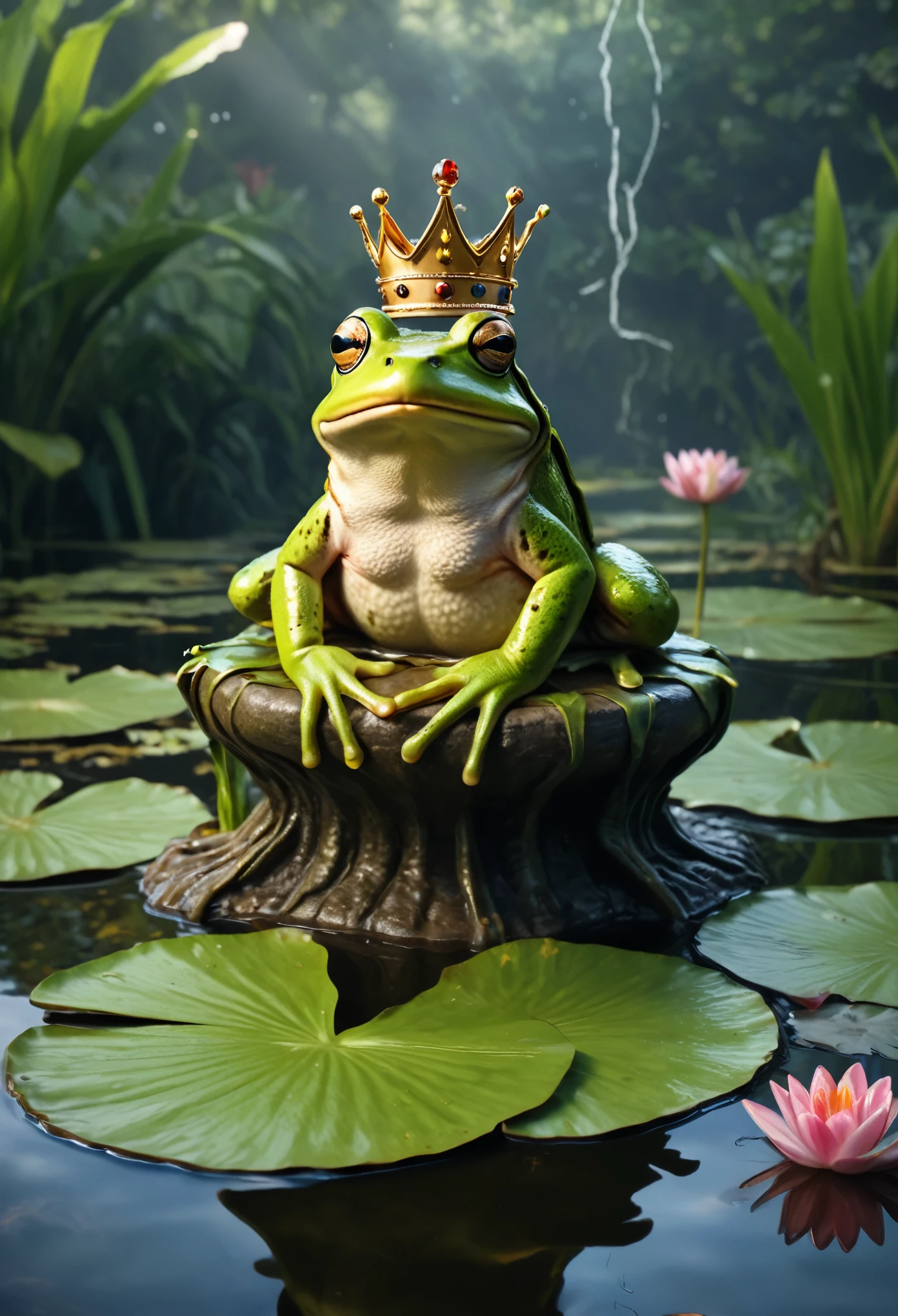 A frog wearing a crown and sitting on a makeshift throne of lily pads, with the caption: "When you're the ruler of the pond and it's time to dispense some royal decrees." Absurdres, ultra realistic, professional lightning
many details, extreme detailed, full of details,
Wide range of colors., Dramatic,Dynamic,Cinematic,Sharp details
Insane quality. Insane resolution. Insane details. Masterpiece. 32k resolution.
 ral-vlntxplzn ral-pxlprtcl 