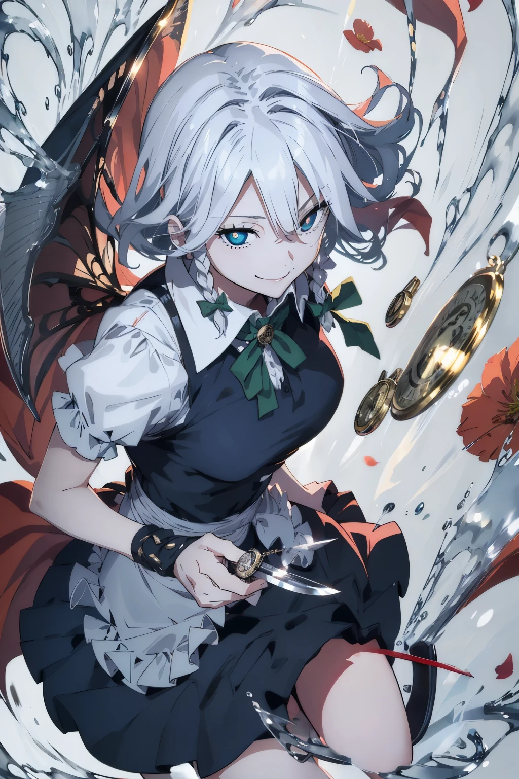 masterpiece, best quality, illustration, 1girl, solo, Izayoi Sakuya, (white short hair), maid headband, sharp eyes, (vivid color), light, thick smoke:1.6, (floating white ink:1.8), Cyan flame, (beautiful and clear background:1.25), (depth of field:0.7), Dreamlike, (highres:1.2), (ultra-detailed:1.2), (extremely detailed CG unity 8k wallpaper:1.2), (traditional media), (sketch:1.1), finely detailed beautiful eyes and detailed face, Knives, (flying petals:1.2), (evil smile:1.5), (empty eyes, simple eyes, glowing red pupils:1.5), (knives in right hand and pocket watch in left hand:1.3), Knifefight, dynamic colors, colorful, dynamic pose, dynamic angle, (from above:1.5), Touhou, knife, holding Knives, izayoi sakuya, medium breasts, (detailed eyes), cute, beauty, HDR, 4K, nier anime style, harmony, fighting stance, izayoi sakuya