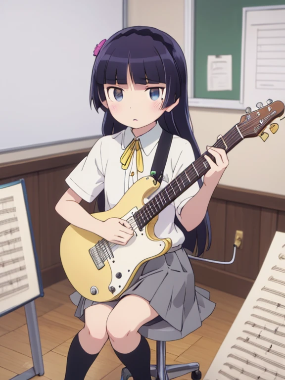 highest quality, Very detailed, figure,
School, music room, Brass band、Chair、musical instrument, Electric guitar,
(gokou ruri), One girl, alone, Black socks, Short sleeve, Grey Skirt, Medium skirt, Box Pleat Skirt, Hime cut, tuck in, Collared shirt, Yellow ribbon, blue eyes