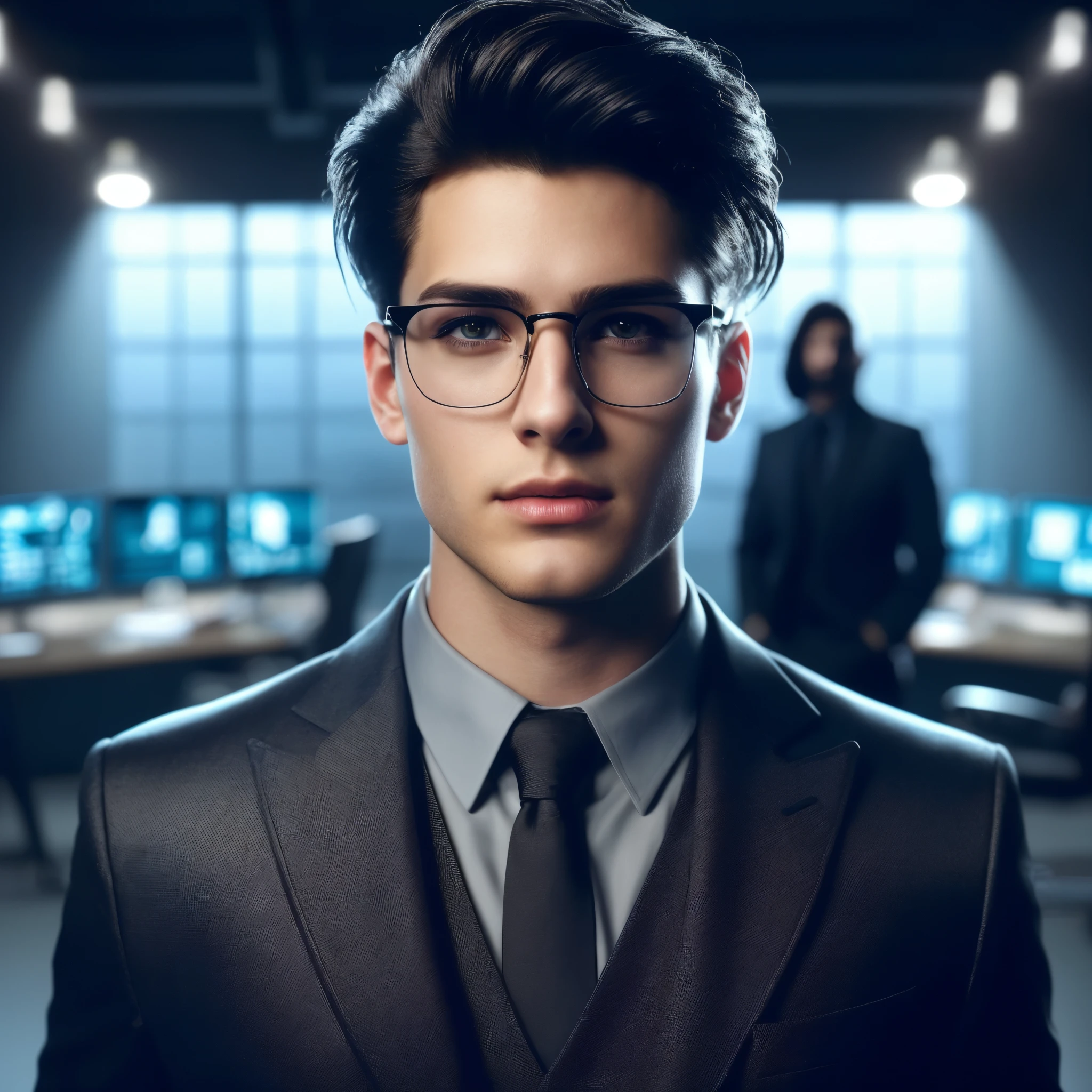 A photorealistic handsome 23-year-old man with extraordinary appearance, trendy short black hair, wearing a luxurious business suit, professional makeup, well-highlighted face, resembling a Hollywood actress, hacker office room background with strange lighting, resembles photo Sony 7000D, dramatic lighting, high definition, depth of field