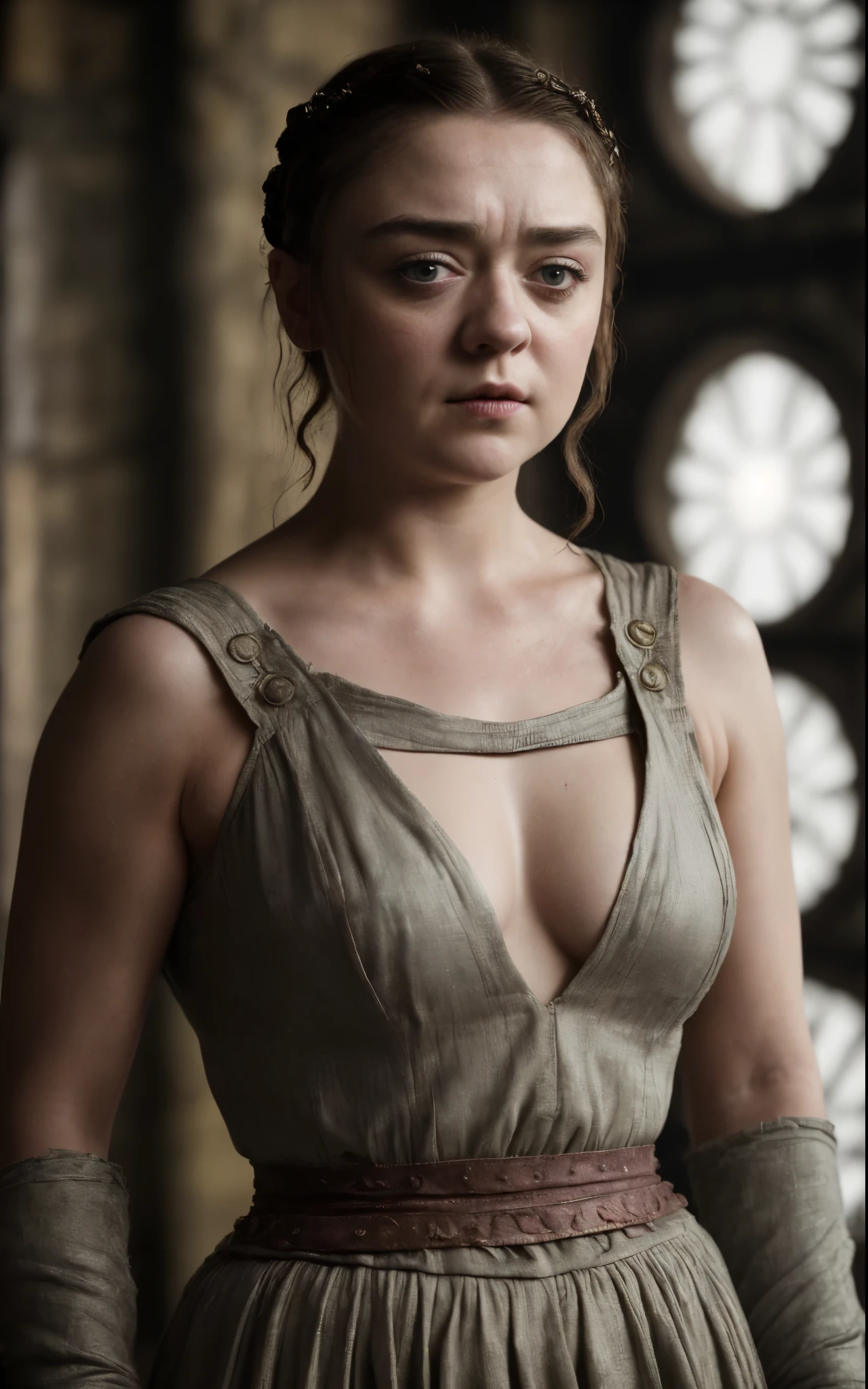 Foto RAW, Arya Stark, Extremely gorgeous lady, Arya Stark PLAYED BY MAISIE WILLIAMS, Queen Arya Stark, she a mature woman now, milf, sexy mediaeval tribal dress, gladiator woman, body, 40 years old Woman, Roman slave dress, cotton dress, busty mediaeval costumes, body revealing costumes, perky breast, big natural breast, erotic costumes, lusty physique, seductive figure can capture every people's attention, Game of thrones costumes, revealing captivating figure, Mediaeval costumes, revealing clothes, A tomboy, she would rather fence than dance, warrior queen , game of thrones screen caps, Game of Thrones Series, (a Close-up Portrait photo of a middle age Woman), (metalic skin color),(Highly detailed face:1.4)(background inside dark, Moody, Private study:1.3),(split lighting: 1.4),in swag,extremely detailed armpits hairs,portrait,half body,detailed eyes and face,detailed hair,traditional clothing,aged appearance,royal background,studio lighting,vibrant colors,dignified expression) , Nikon D850, film stock photograph ,4 Kodak Portra 400 ,Camera f1.6 shots ,Rich colors ,Ultra photo realsisim ,Lifelike texture, Dramatic lighting , cine still 800,