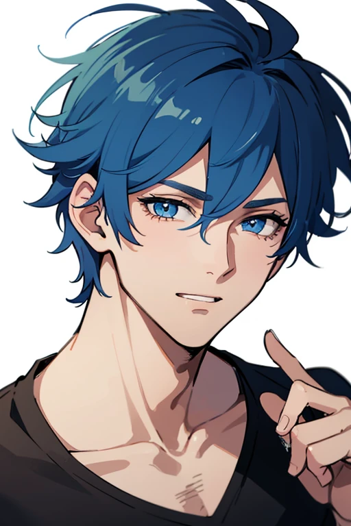 1man, mature, winking, handsome boy, blue hair, blue eyes, short messy blue hair, white background, adult, ((28 years old)), male, man, handsome, 28 years old, adult man