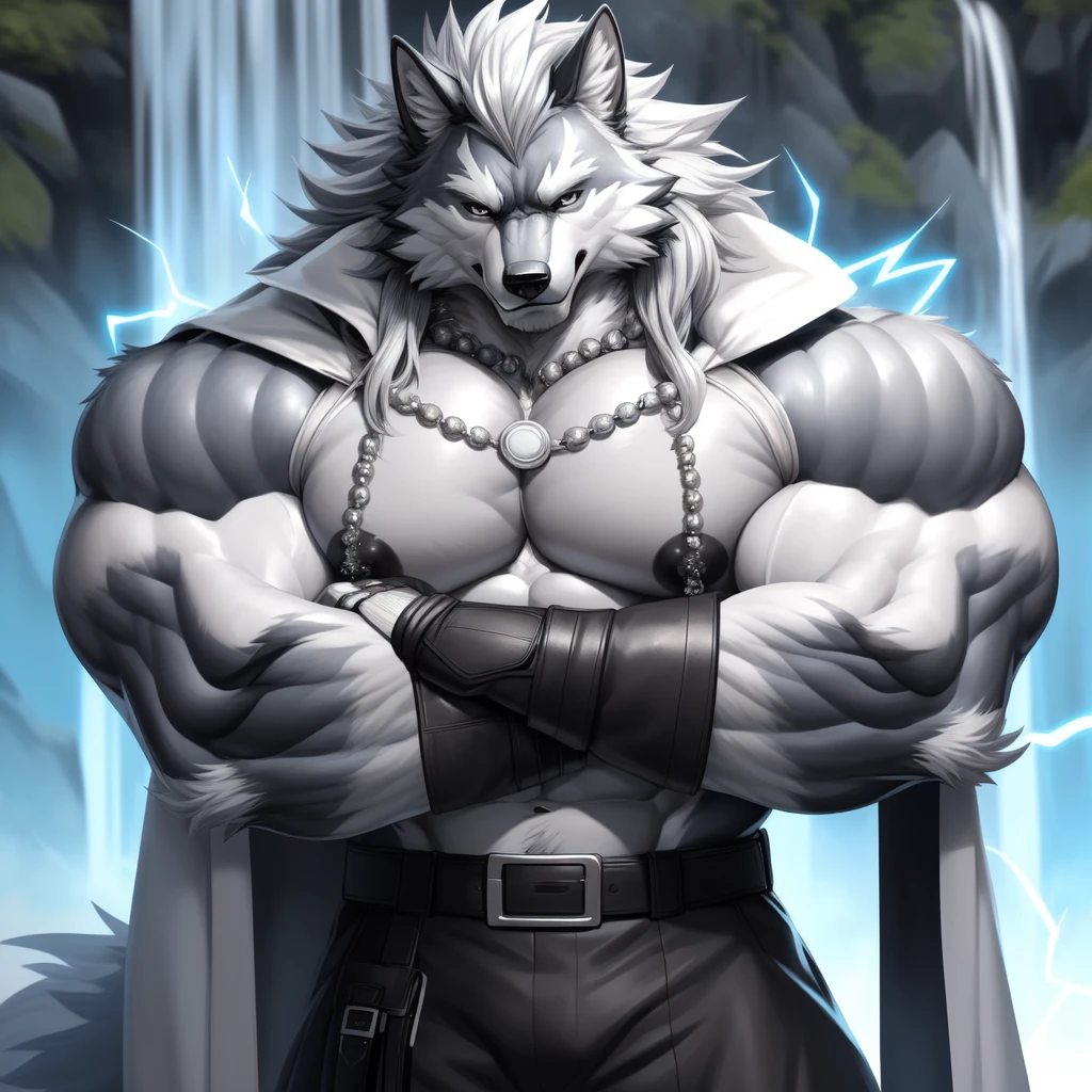 (upload on e621) (Masterpiece) (by Drks) (best quality) (ultra high res) 4K (8k HD) 2D (perfect anatomy) (digital art) (official art) (extreme detailed) (ultra detailed) (strapsanime) color (soft shading) (sharp focus) (waterfall background) 1man silver body fur silver belly detailed fluffy fur (ultra detailed face) high detailed eyes detailed iris eyes high detailed silver eyes (white sclera) black pupils big navel abs bare pectoral (((huge black shiny nipples))) black claw nails furry wolf male mature male silver giant bulky muscular body fur giant size canid (((huge muscles))) (((hyper muscles))) huge pecs (((oversize pecs))) huge biceps (((giant biceps))) (((fullbody))) canine canis mammal powerful wolf god wolf male calm cool collected demeanor face badass wolf anthro solo standing (((wearing silver full complete sleeveless long trench coat jacket))) (((silver longest beautiful mane length hair))) (((silver longest beautiful length back fur hair))) (((silver longest length hair fur front lay on pecs))) (((best longest silver flowy hair))) silver chest tuft (((perfect fingers))) (((five fingers))) silver hands and fingers (((wearing silver fingerless gloves))) (((silver arm bands on his biceps))) (((three silver arm bands on his forearms))) (((dark black huge bead necklaces))) (((dark black huge longer bead necklaces around neck to pecs))) (((silver long wolf tail))) (((silver long pants with silver lines with belt straps on both legs))) (((silver electricity and surging aura flow entire body))) (((silver blue glowing aura his entire body))) (((crossed arm pose)))