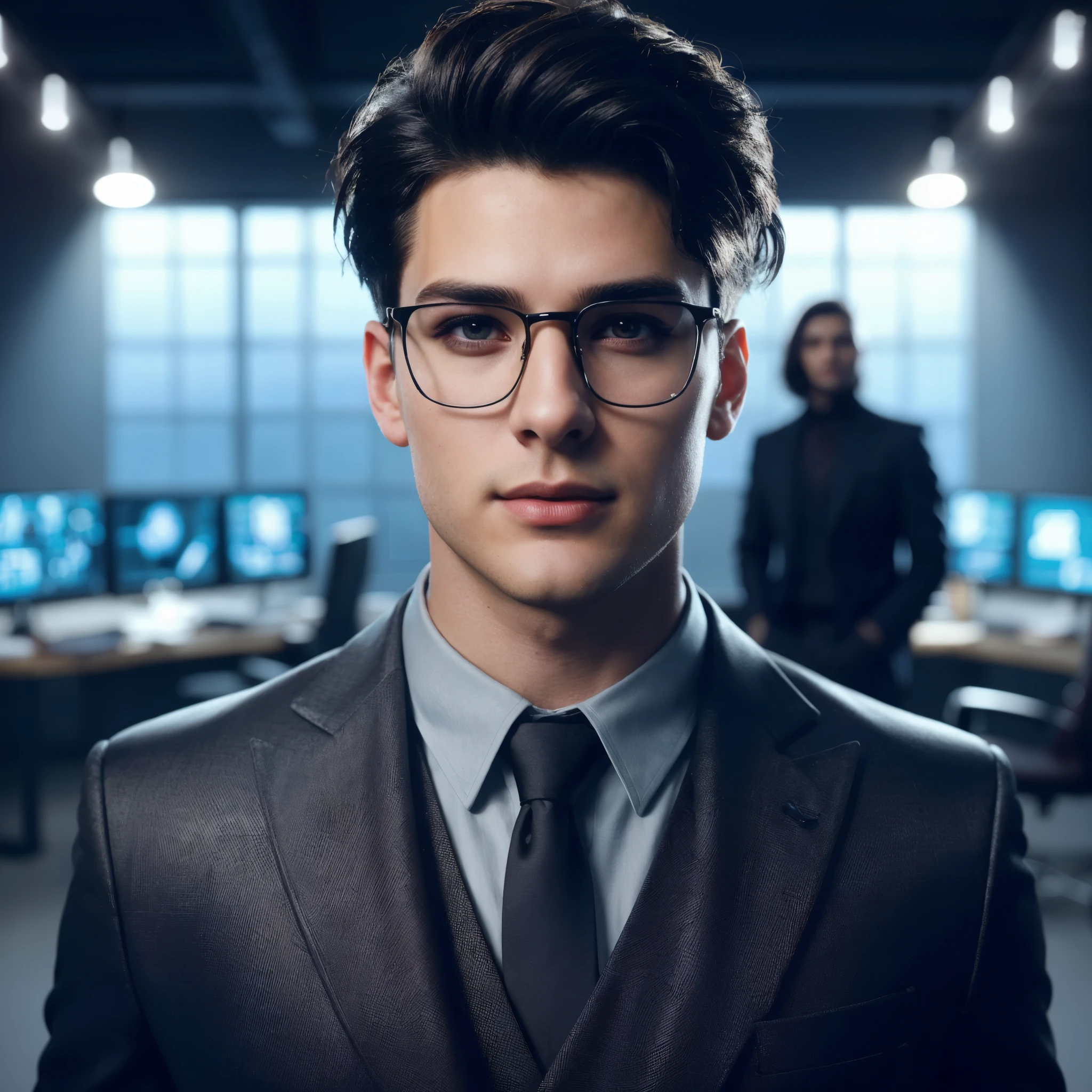 A photorealistic handsome 23-year-old man with extraordinary appearance, trendy short black hair, wearing a luxurious business suit, professional makeup, well-highlighted face, resembling a Hollywood actress, hacker office room background with strange lighting, resembles photo Sony 7000D, dramatic lighting, high definition, depth of field