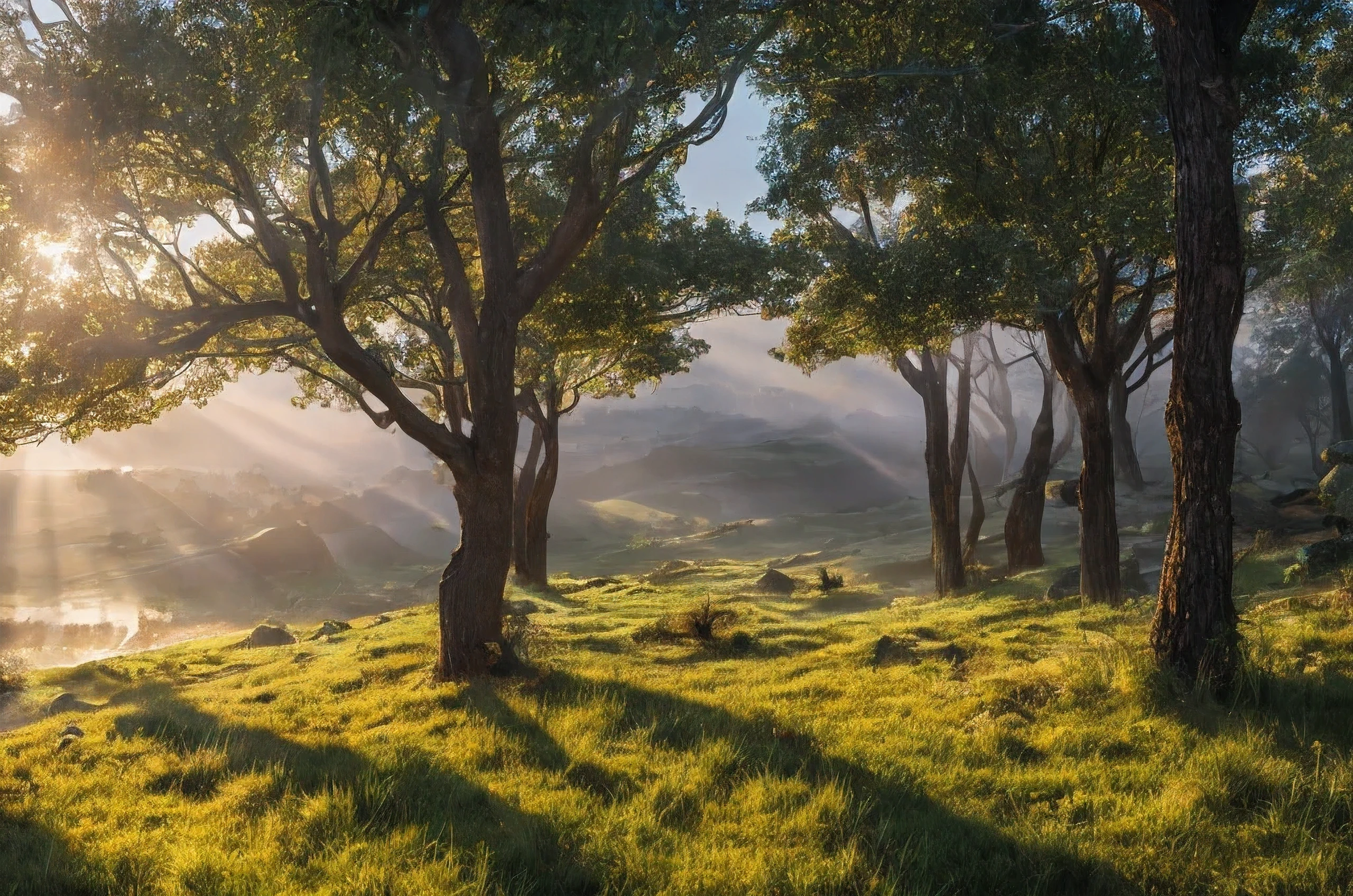 Create a rugged landscape of valleys and mountains., Shrouded in thick fog, Less sunlight, Has twisted trees and thick trunks, The undergrowth resembles grass and grass, In a hyperrealistic landscape, In dead flowers, 4k, Cinema lighting, natural light, granularity, Cinema lighting, attention to detail, photorealistic, photorealisticistic, volumetric lighting and shading, 4k HD matte digital painting, Stunning 8K images