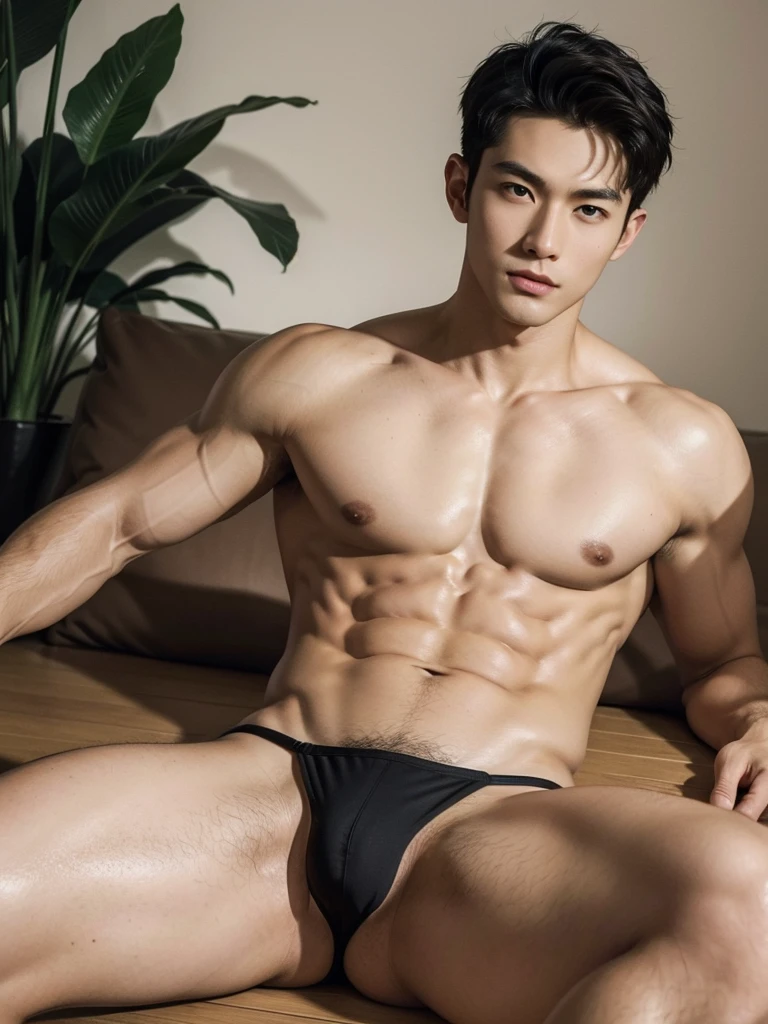 Masterpiece, Best Quality, Solo, Asian Model Men, muscular, white skin, lifted arms, spread legs, studio background, lying on the floor, hard lighting, Natural eyes, Short and delicate black hair, Sexy Man, looking at the viewer, shirtless, sexy bikini, Small plots, Muscular posture, pubes, (extremely handsome: 1.2), 8K, Ultra HD Resolution, night time