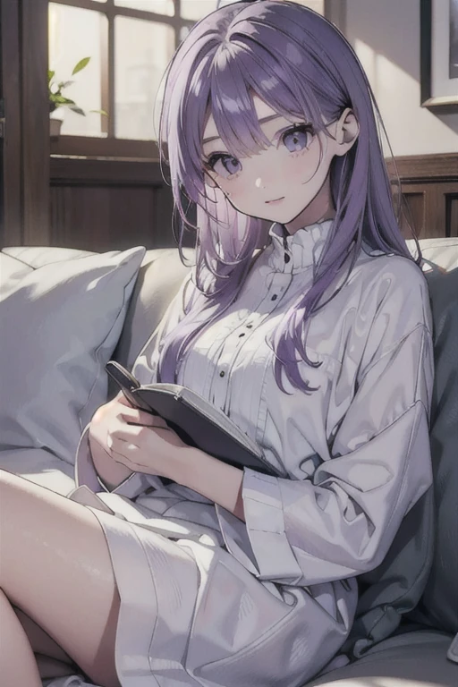 ((highest quality, masterpiece, outlier, Super Resolution)) 1 girl, lavender \(flower\), relax, ((Cozy atmosphere)), Light purple hair, Slow life,